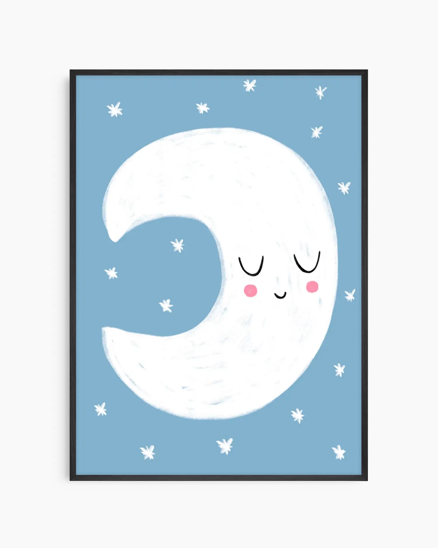 Framed artwork of a smiling moon on a blue background with white stars.