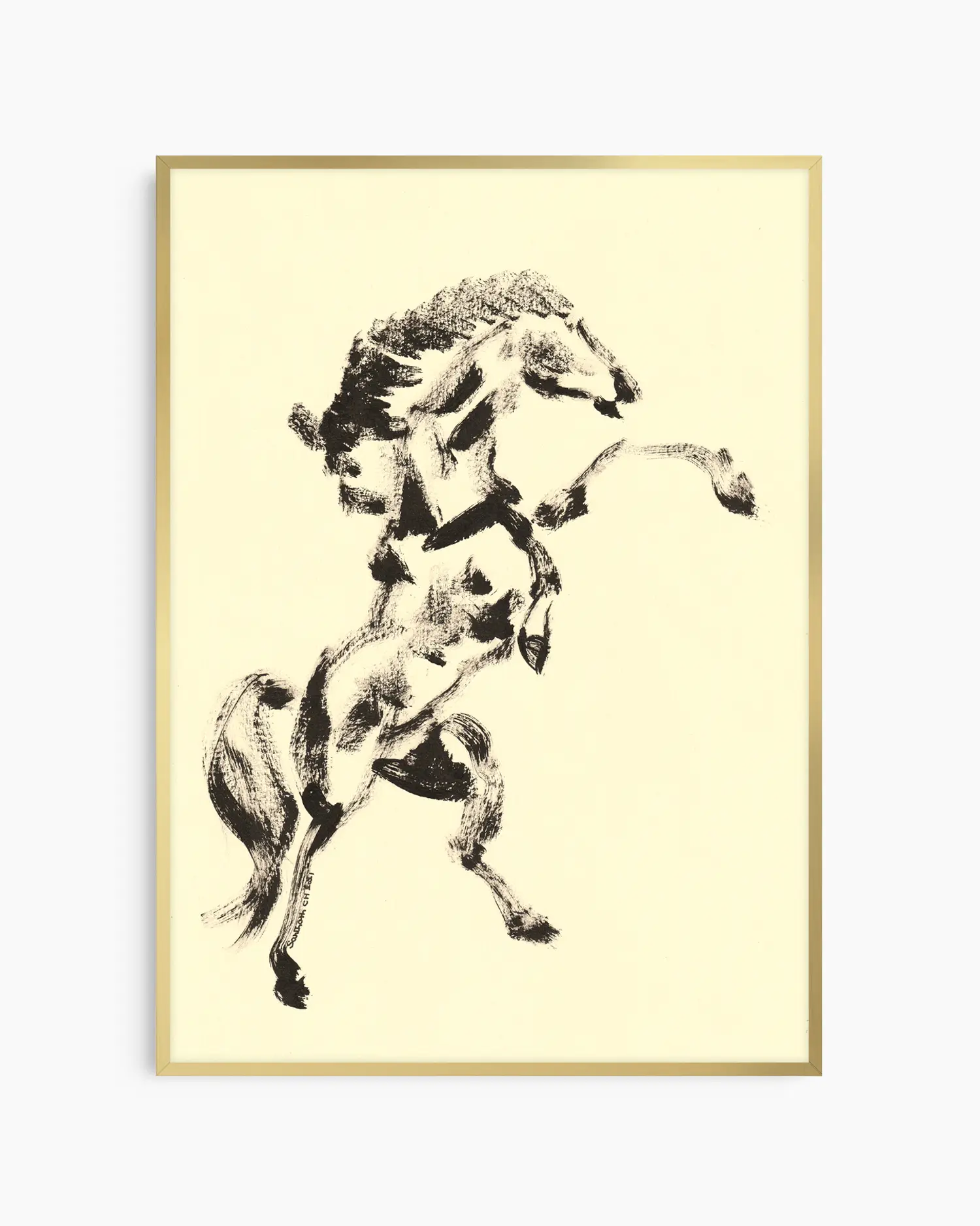 Framed artwork of a horse rearing on a beige background