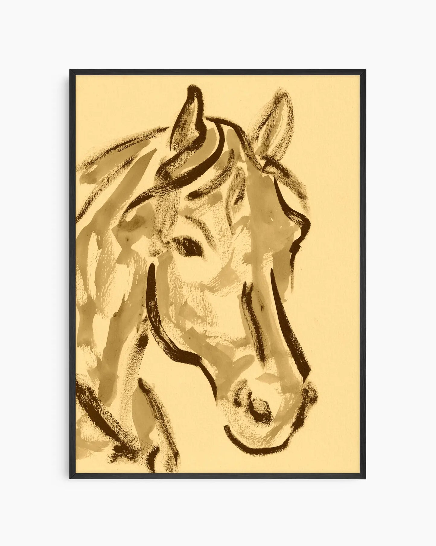 Framed artwork of a horse's head on a beige background