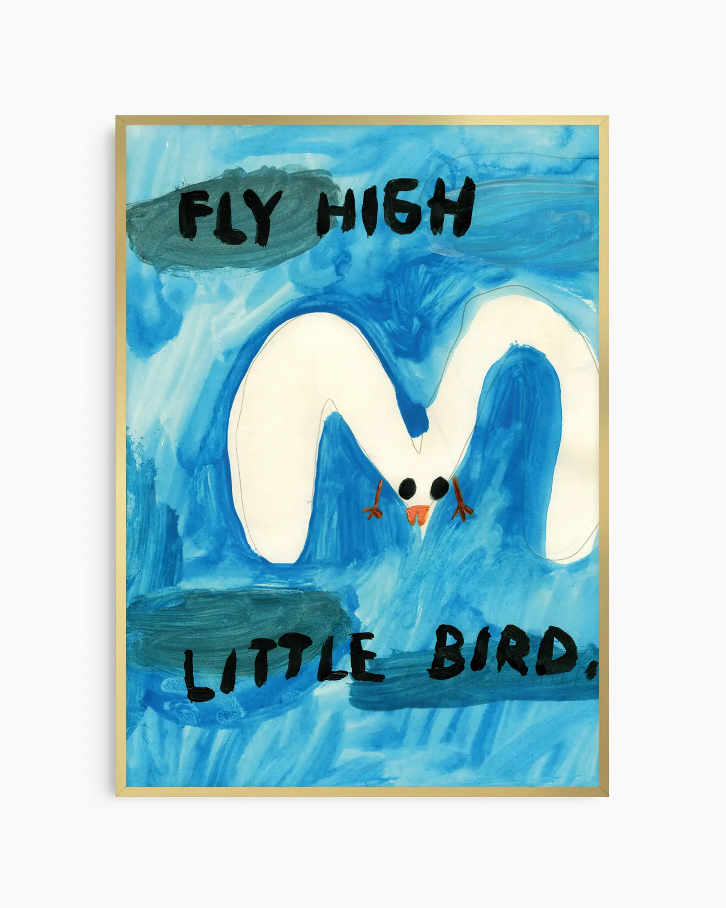 Artistic depiction of a bird with 'Fly High Little Bird' text on a blue background
