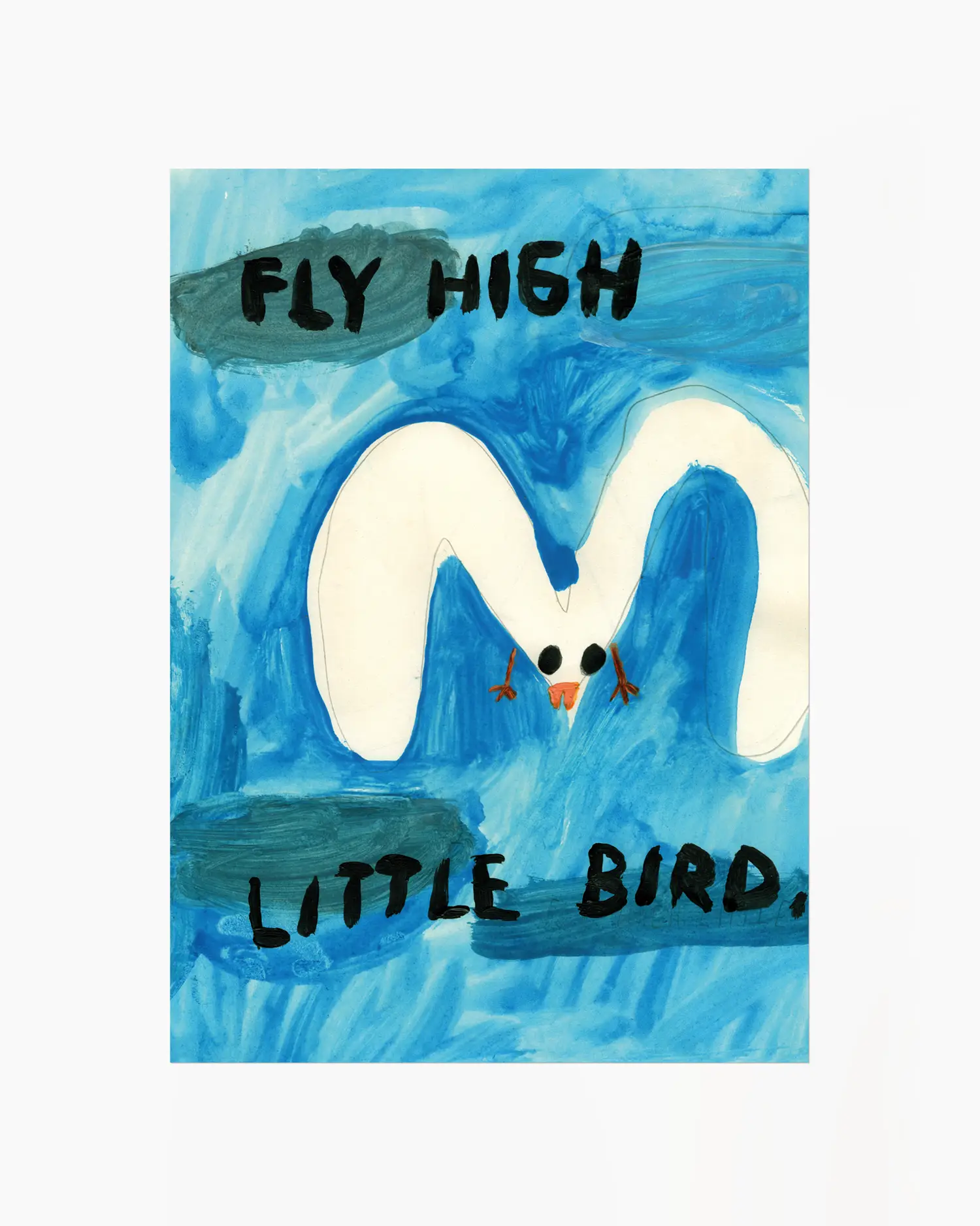 Cartoon bird with 'Fly High Little Bird' text on a blue background