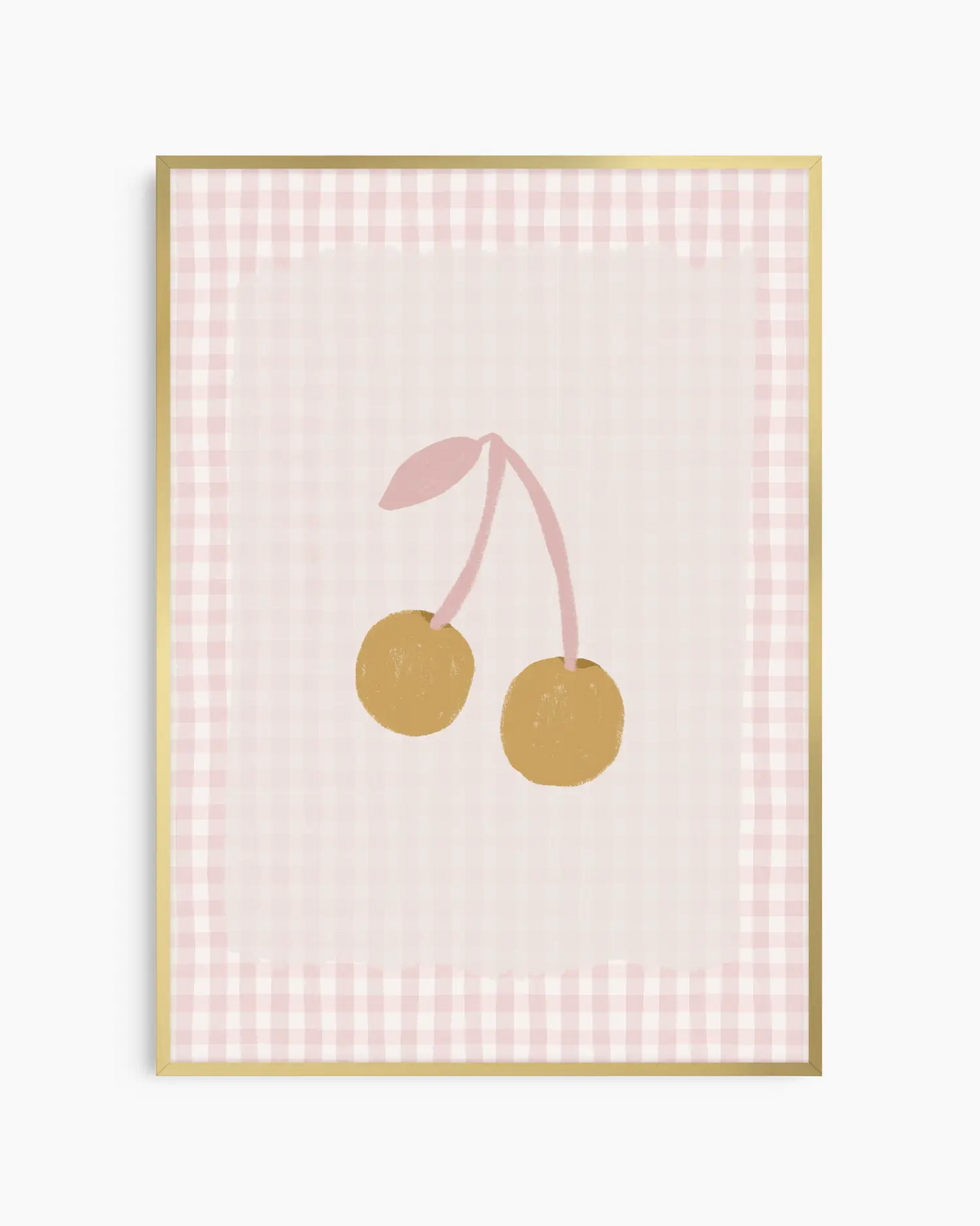 Framed artwork of two cherries on a pink and white checkered background