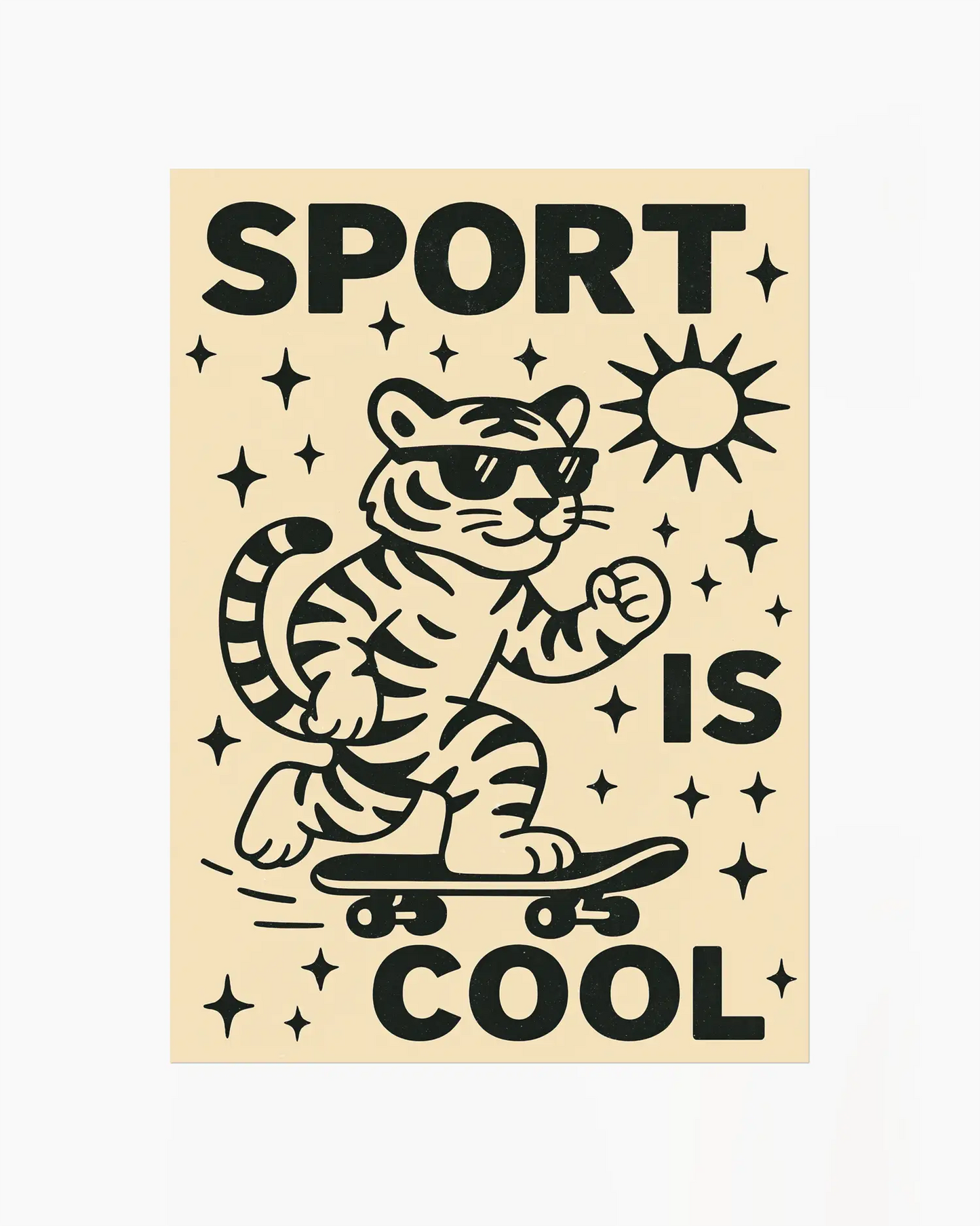 Poster with a tiger on a skateboard and 'Sport is Cool' text on a beige background