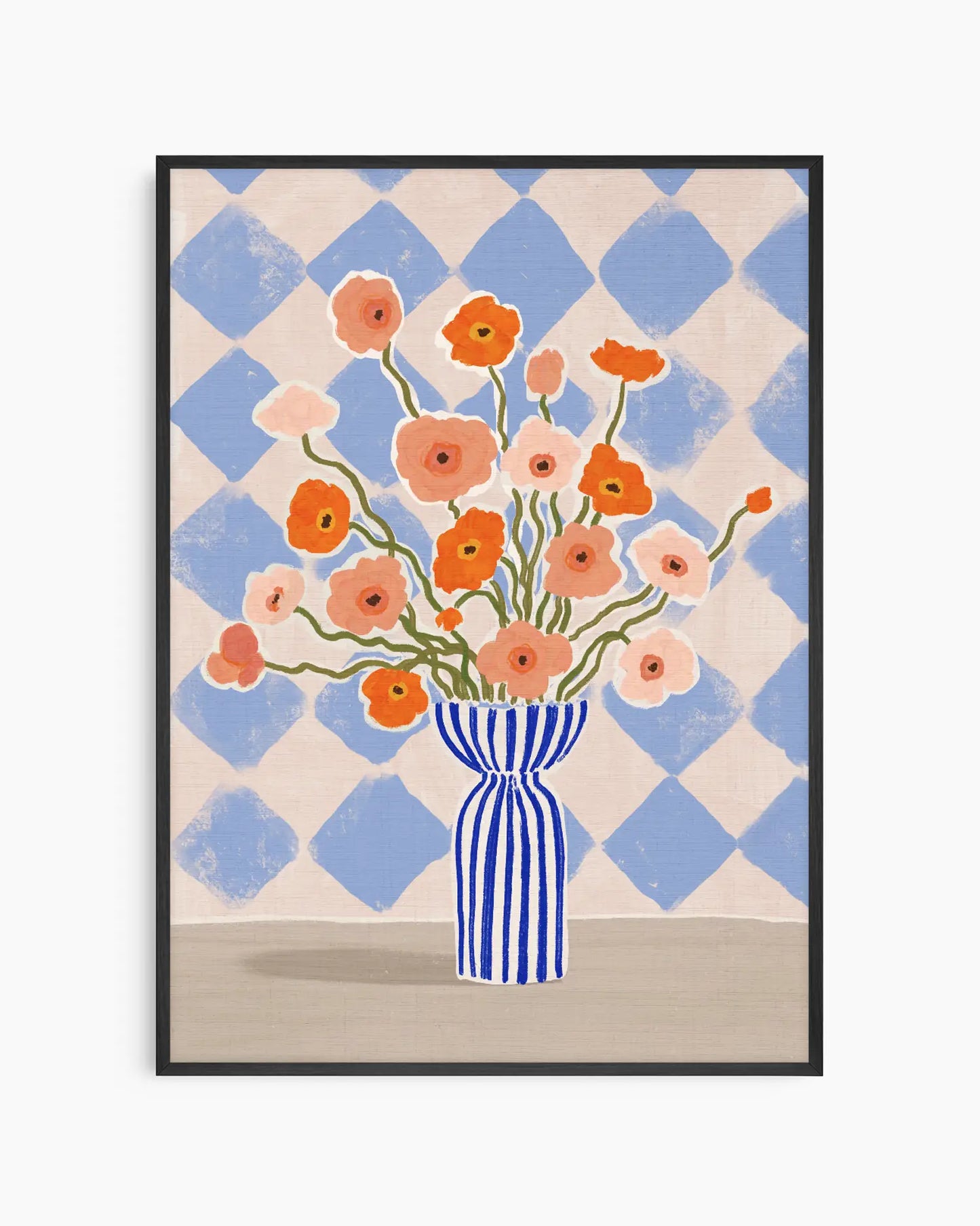 Nursery poster of a bouquet of flowers in a blue and white striped vase against a checkered background. Black frame.