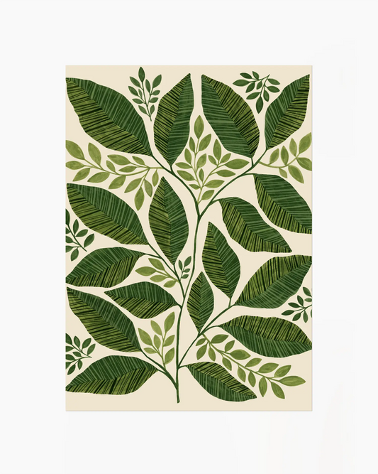 Pattern of green leaves on a beige background