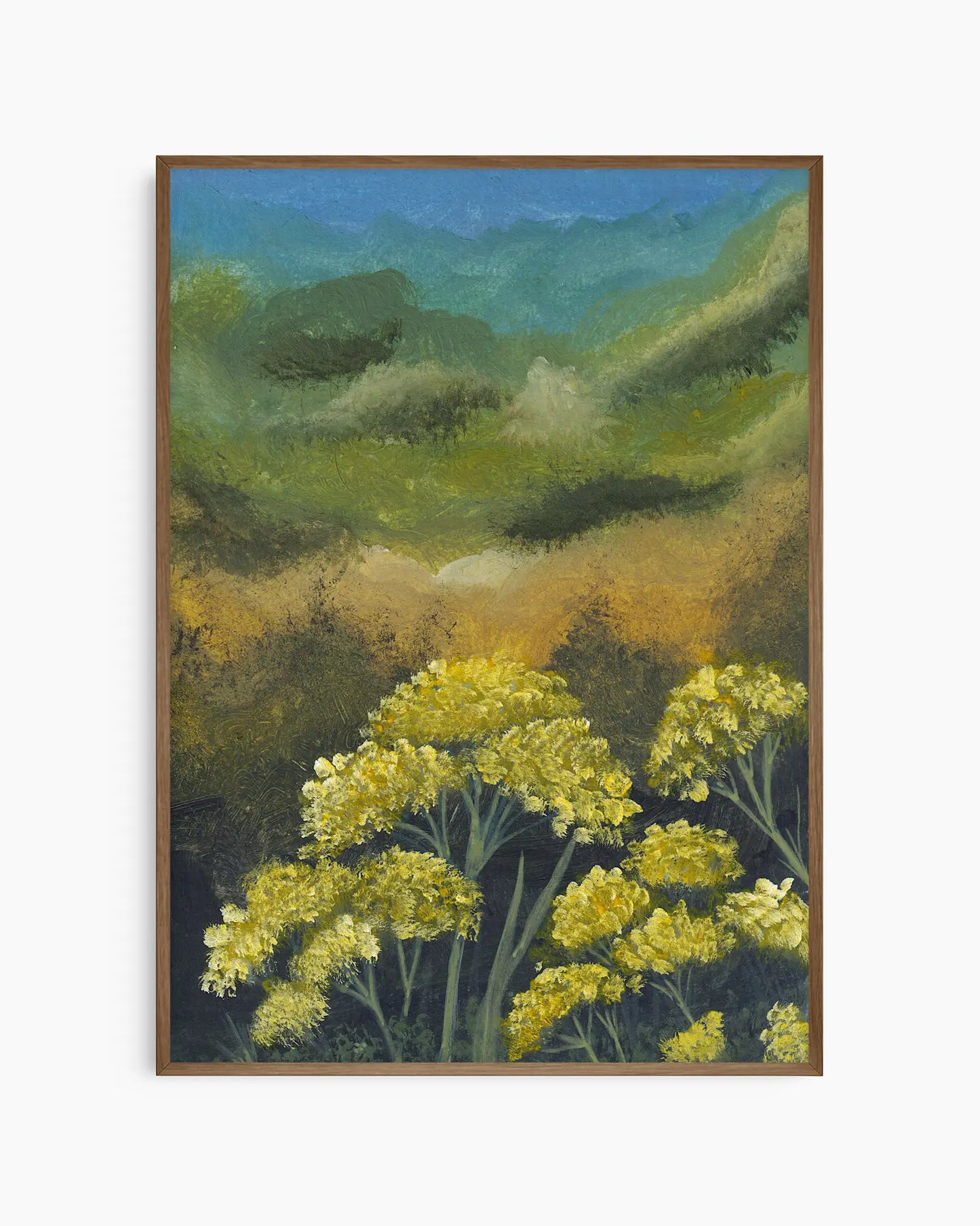 Painting of a landscape with yellow flowers and green hills.