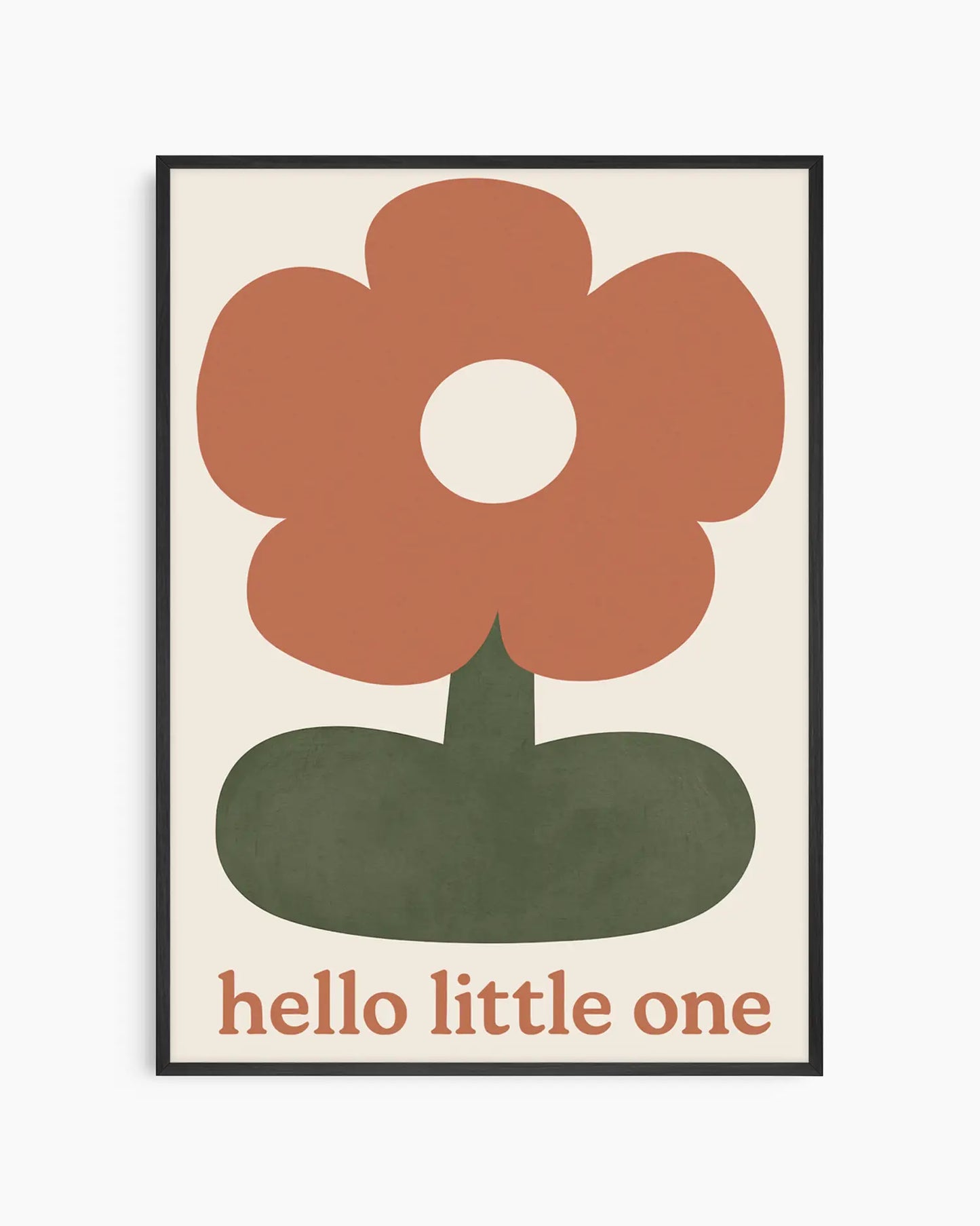 Framed artwork with a flower design and 'hello little one' text on a beige background