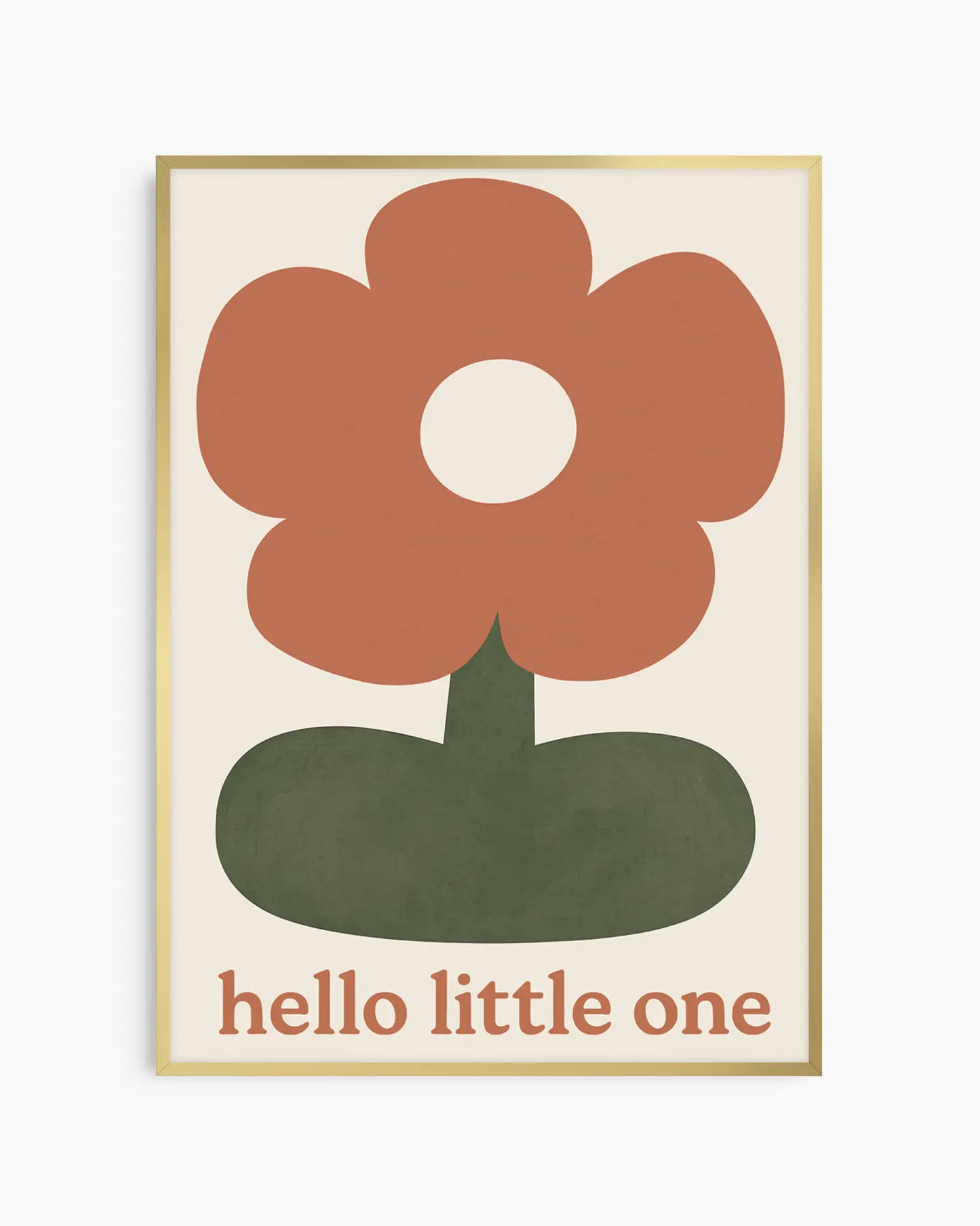 Framed artwork with a red flower and 'hello little one' text on a beige background