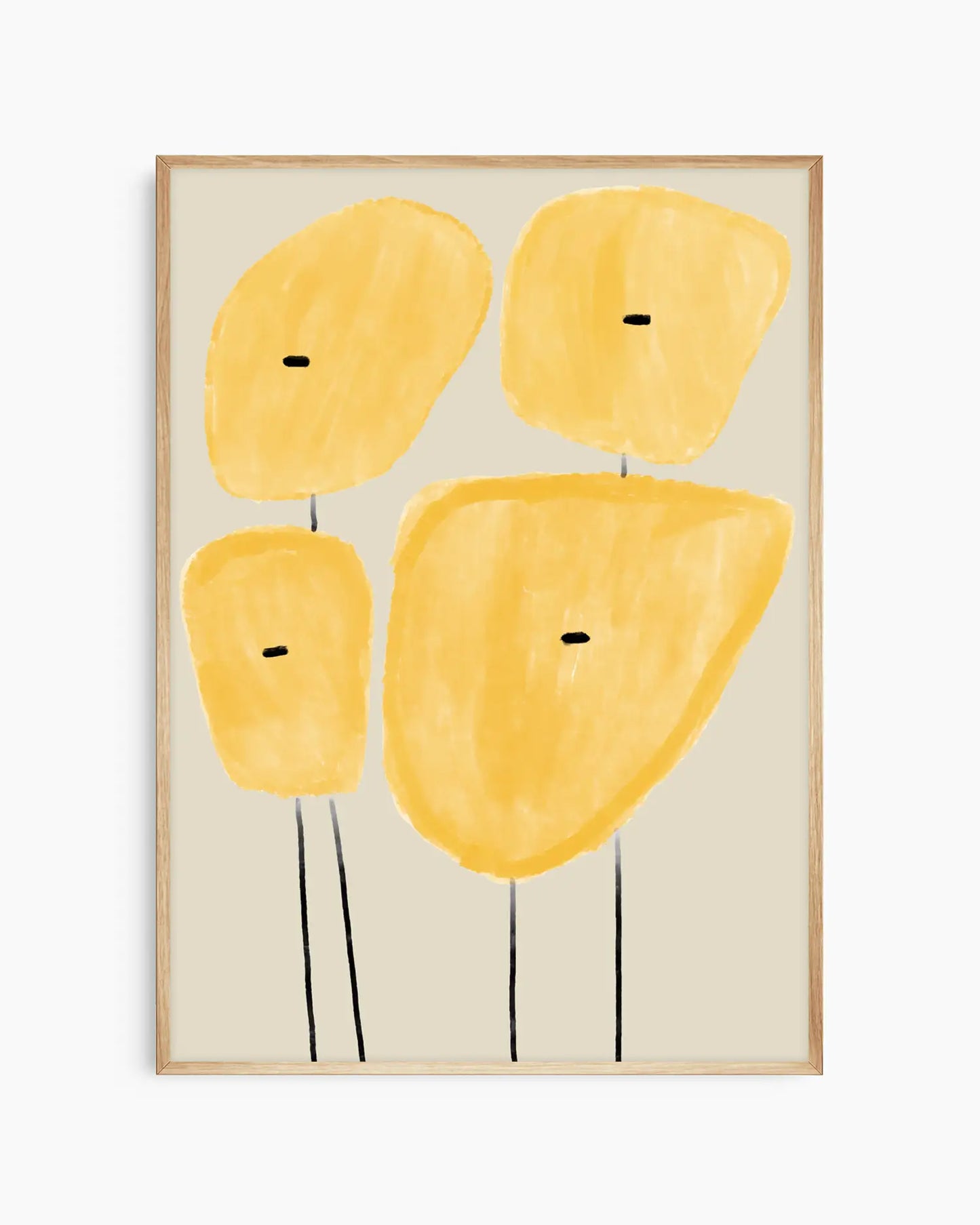 Framed abstract art with yellow shapes on a beige background