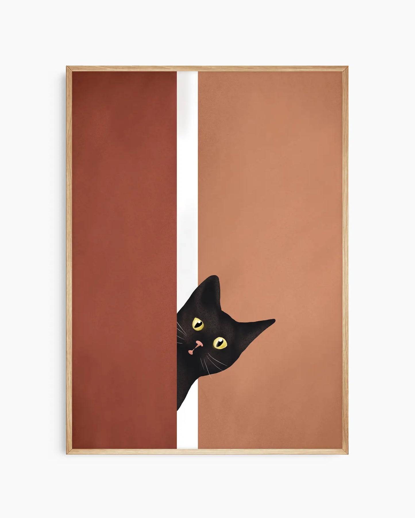 Black cat peeking out from behind a brown and white striped door