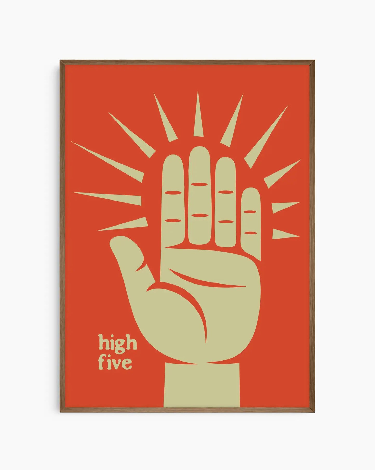 Nursery poster with a graphic of a hand giving a high-five on a red background framed in a smoked oak wooden frame.