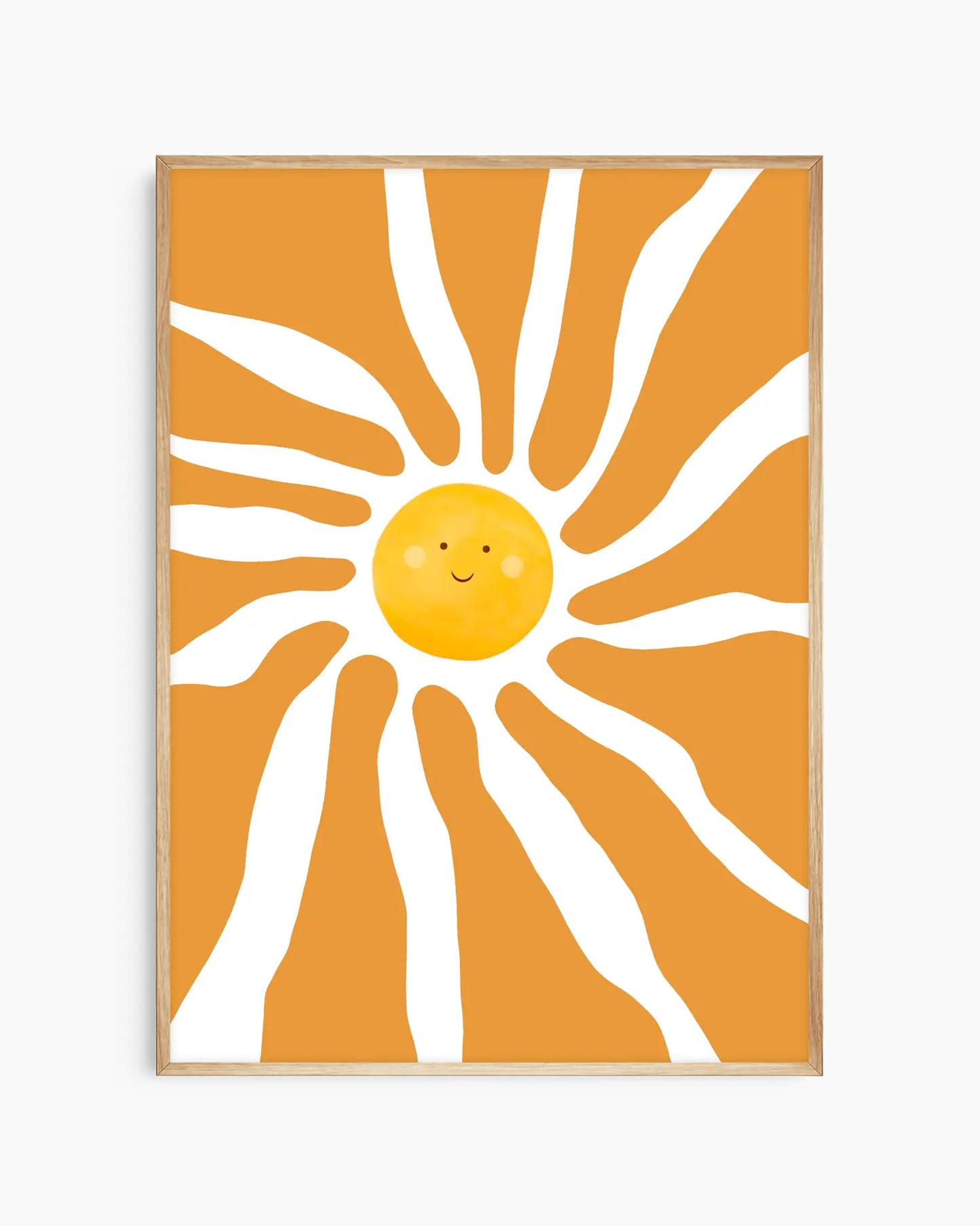 Framed artwork of a sun with a smiling face on an orange background