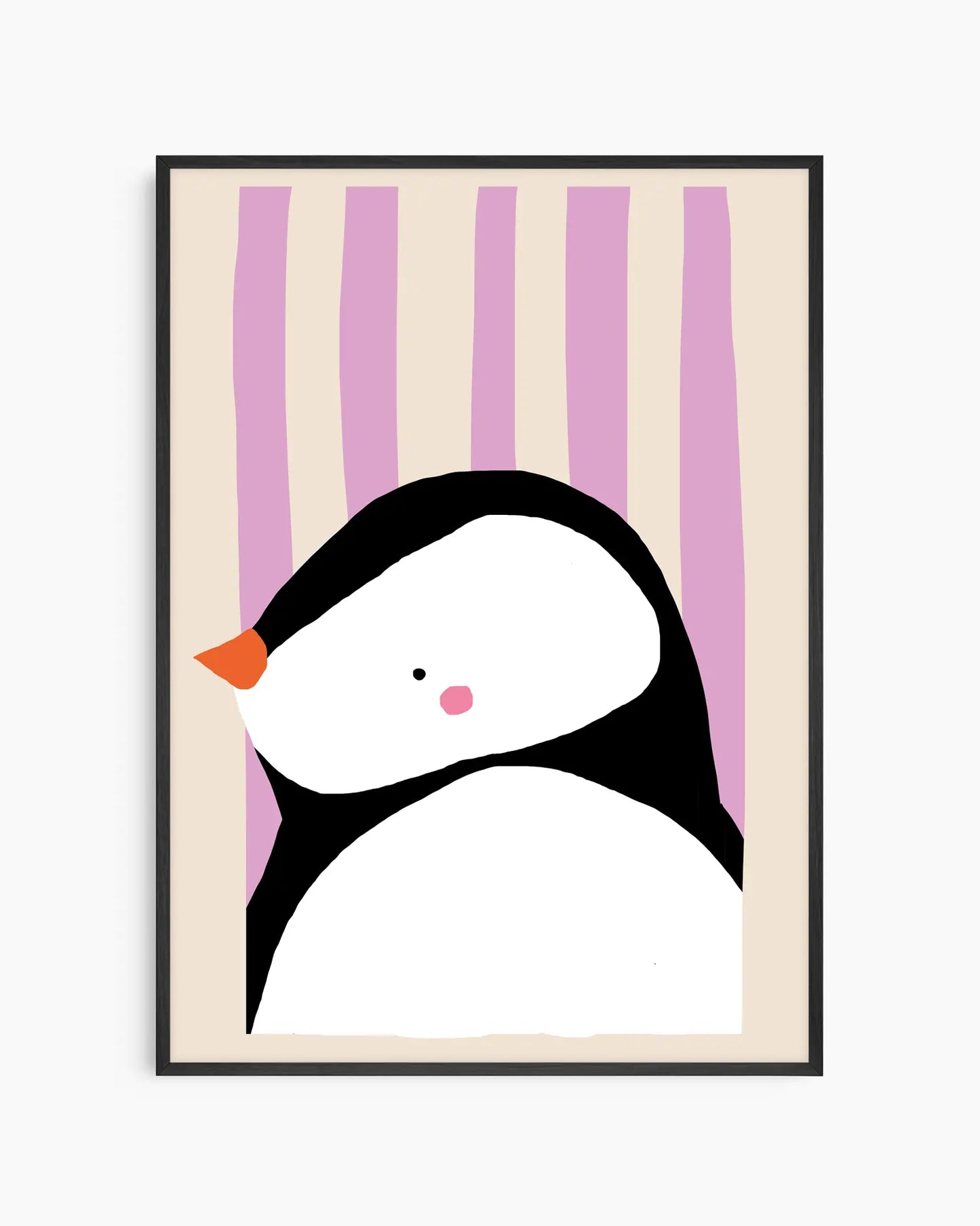 Framed artwork of a penguin with a striped background