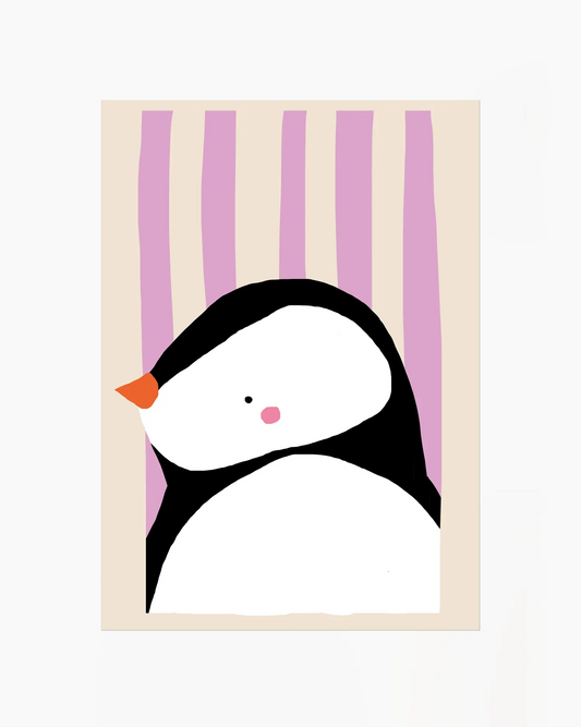 Cartoon penguin with a striped purple curtain background