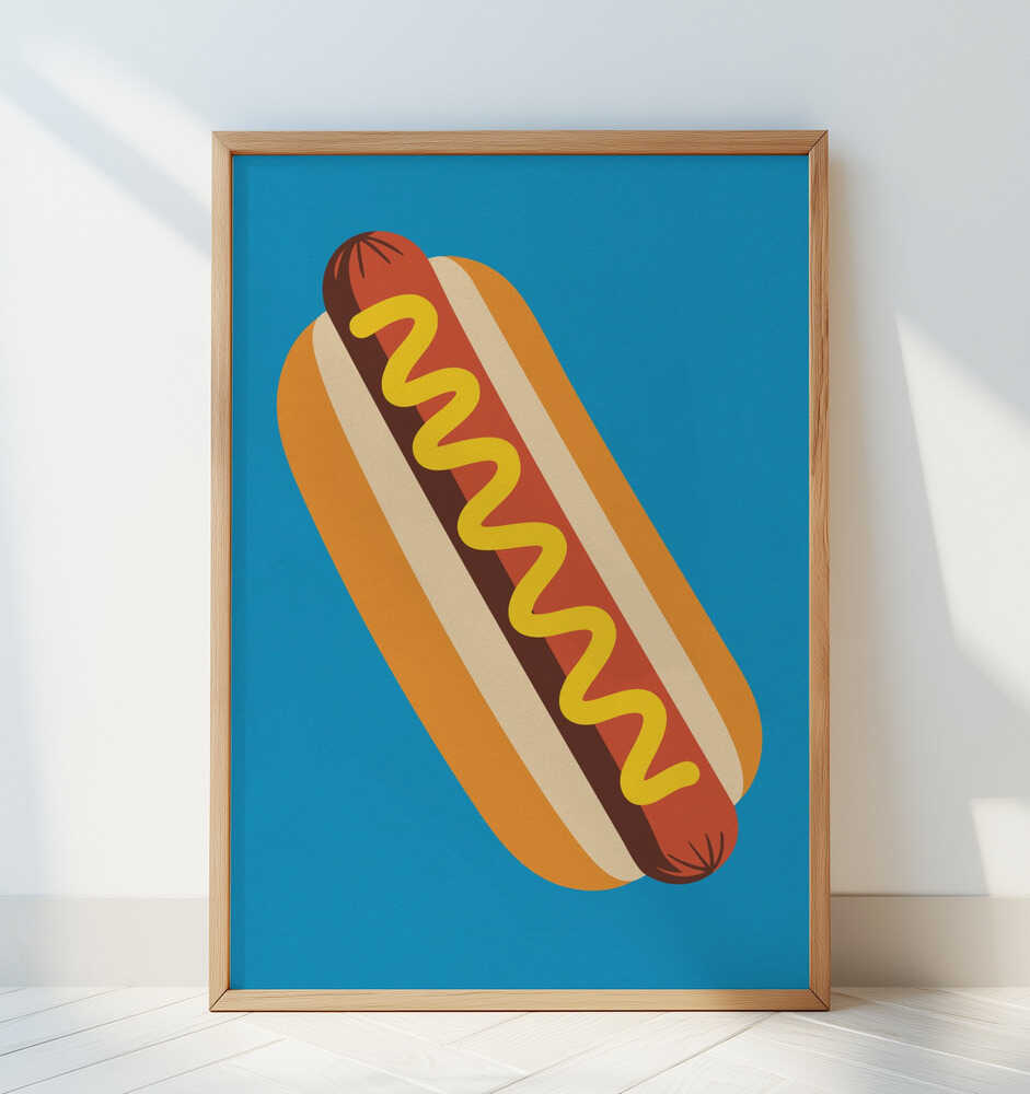 Framed children's poster of a hot dog with mustard on a blue background