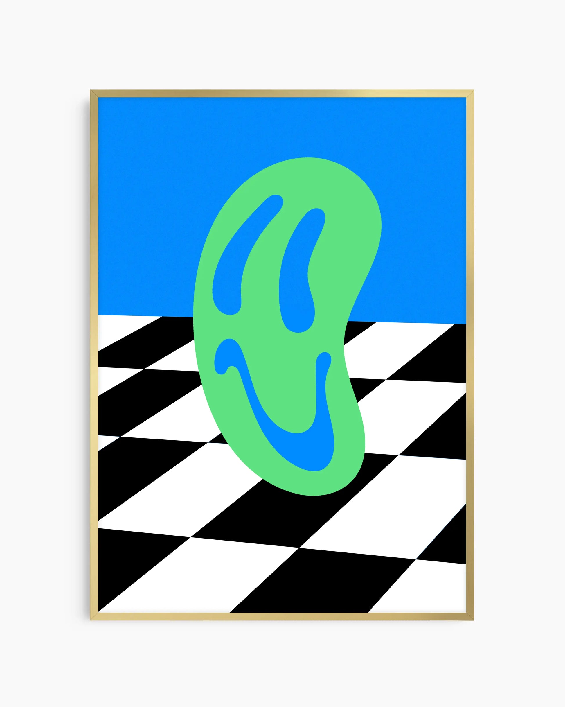 Children's poster of a green smiley on a blue background with black and white checkered pattern framed in a gold frame.