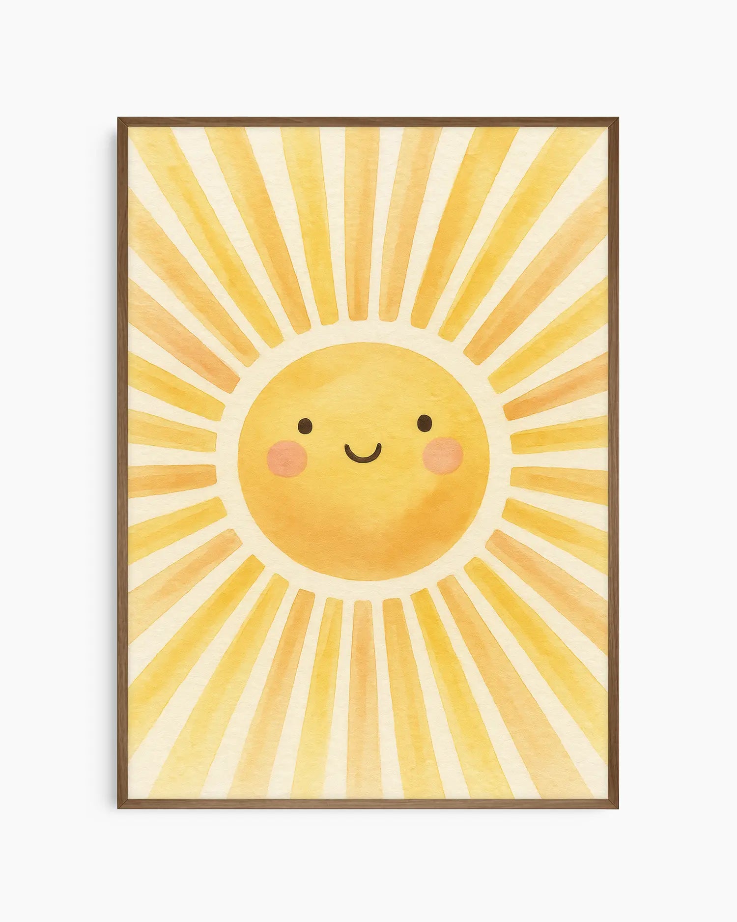Children's poster of a sun with a smiling face on a yellow background framed in a dark oak frame.