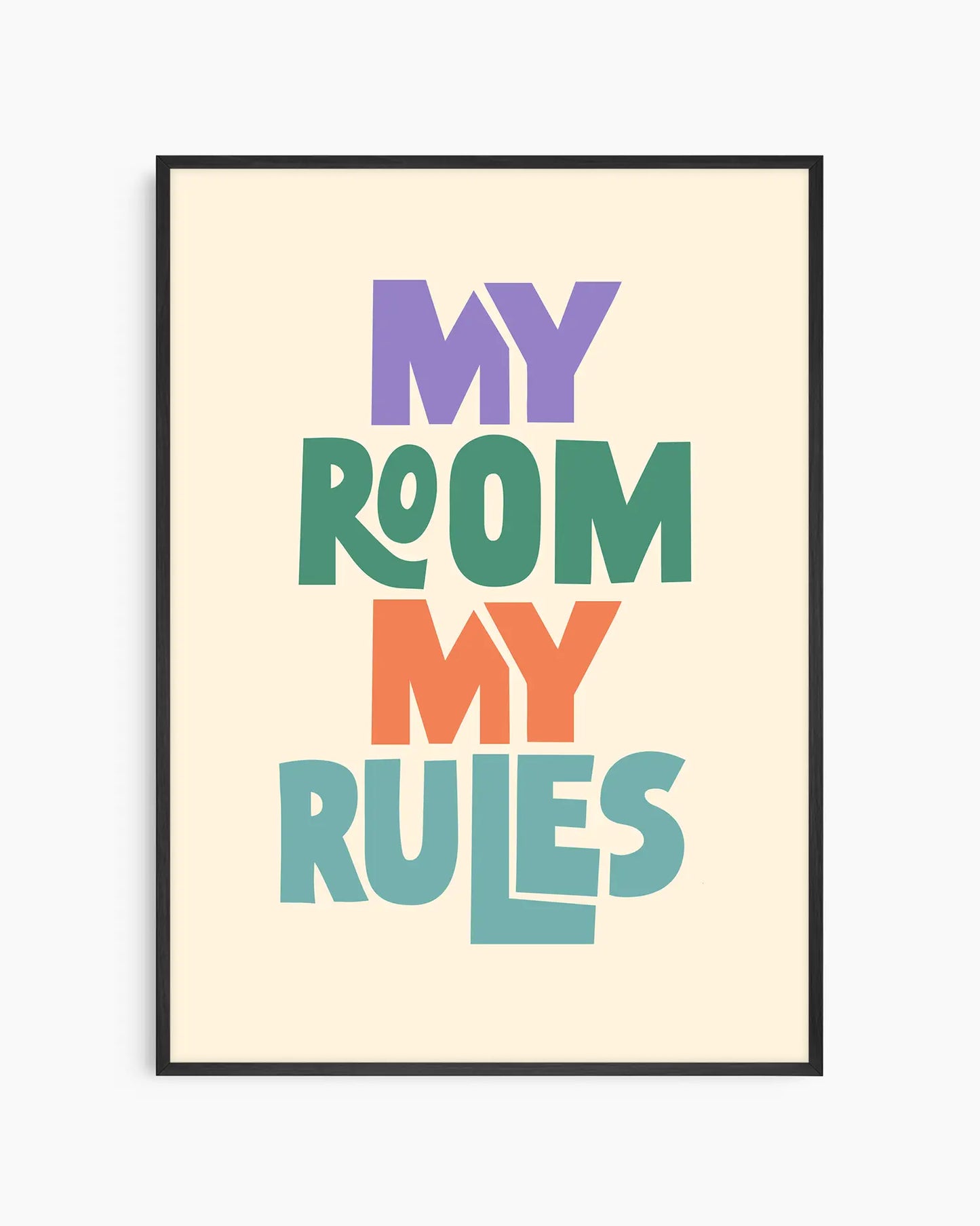 Beige children's poster with colorful text 'MY ROOM MY RULES' framed in a black frame.
