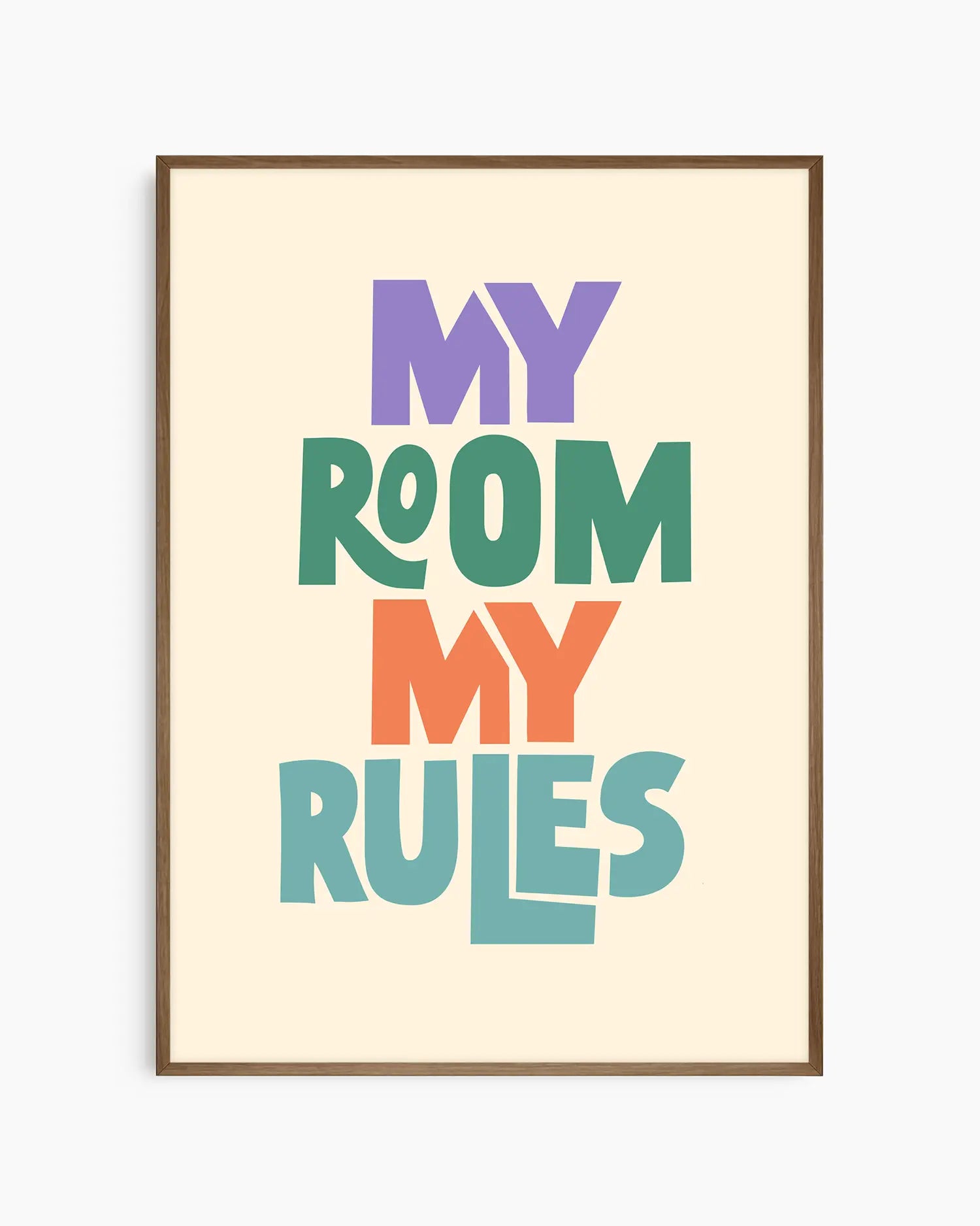 Beige children's poster with colorful text 'MY ROOM MY RULES' framed in a dark oak frame.