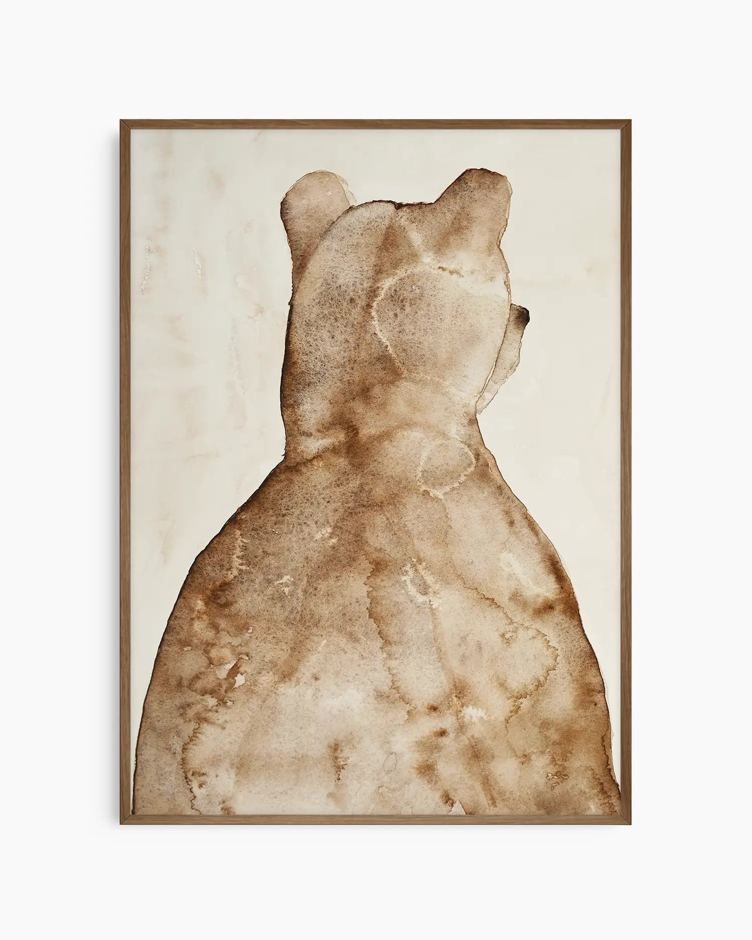 Children's illustration of a brown bear on a beige background framed in a dark oak frame