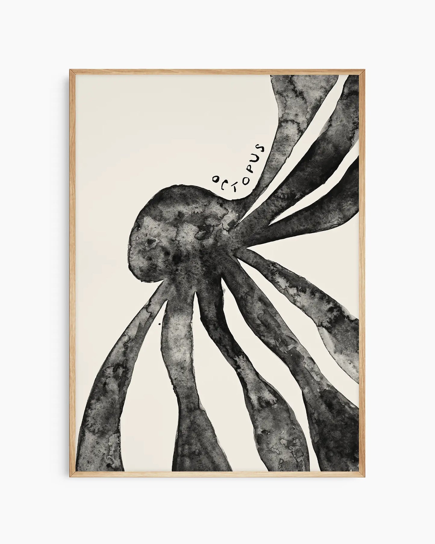 Black and white illustration of an octopus on a beige background inside of an oak frame