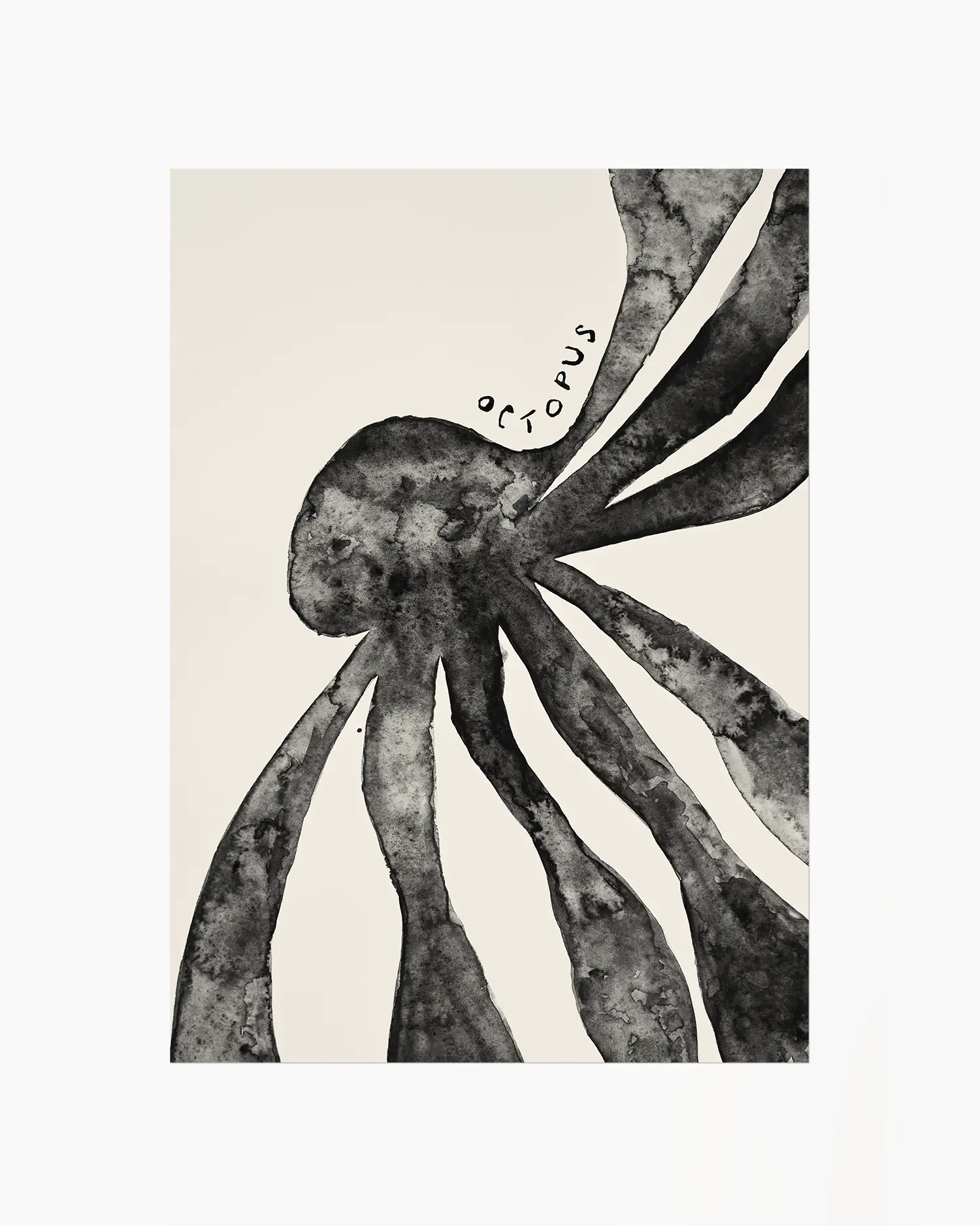 Black and white illustration of an octopus on a beige background