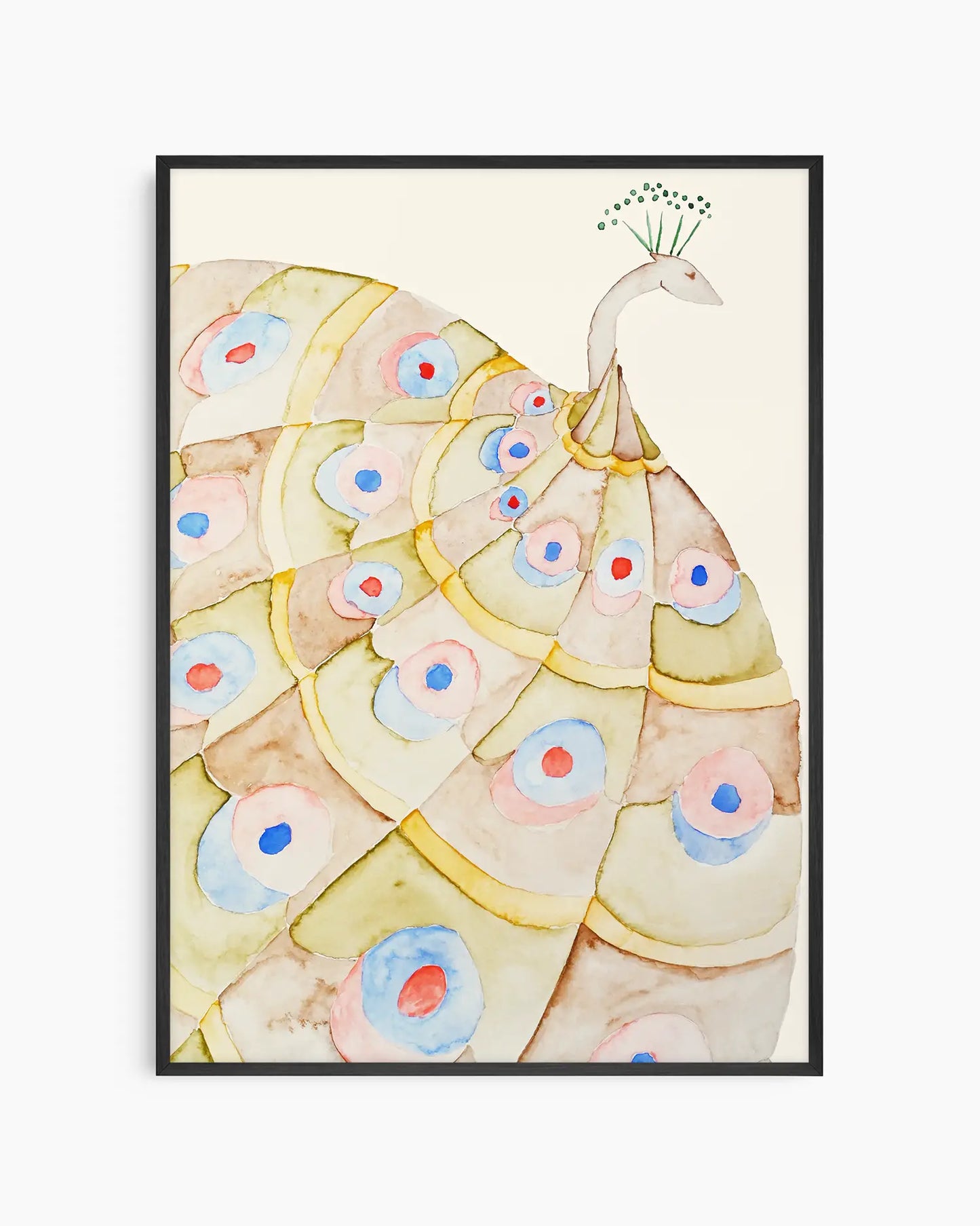 Nursery poster of a peacock inside of a black frame.