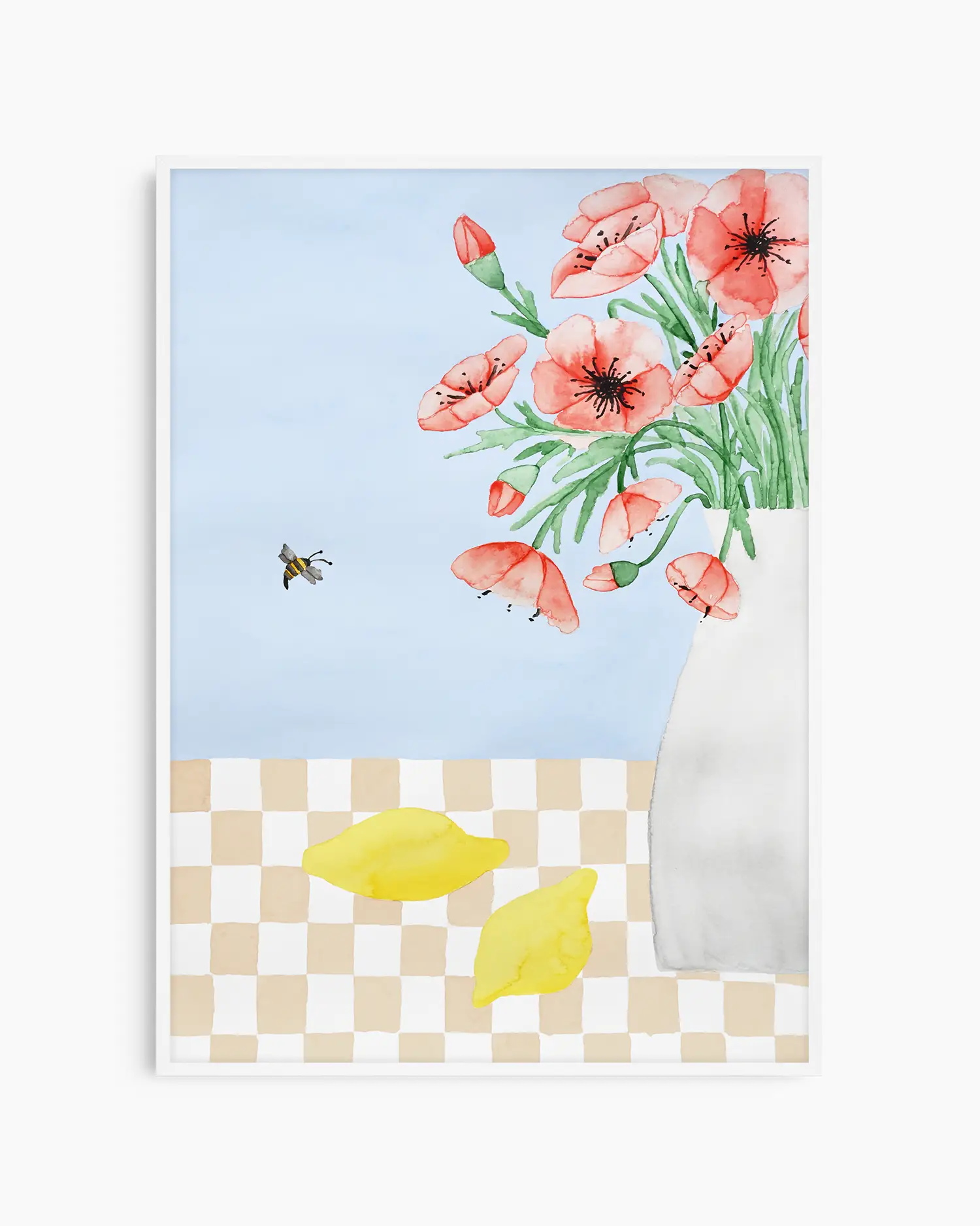 Nursery poster of red poppies in a white vase, a bee and two yellow lemons on a checkered table inside of a white frame.