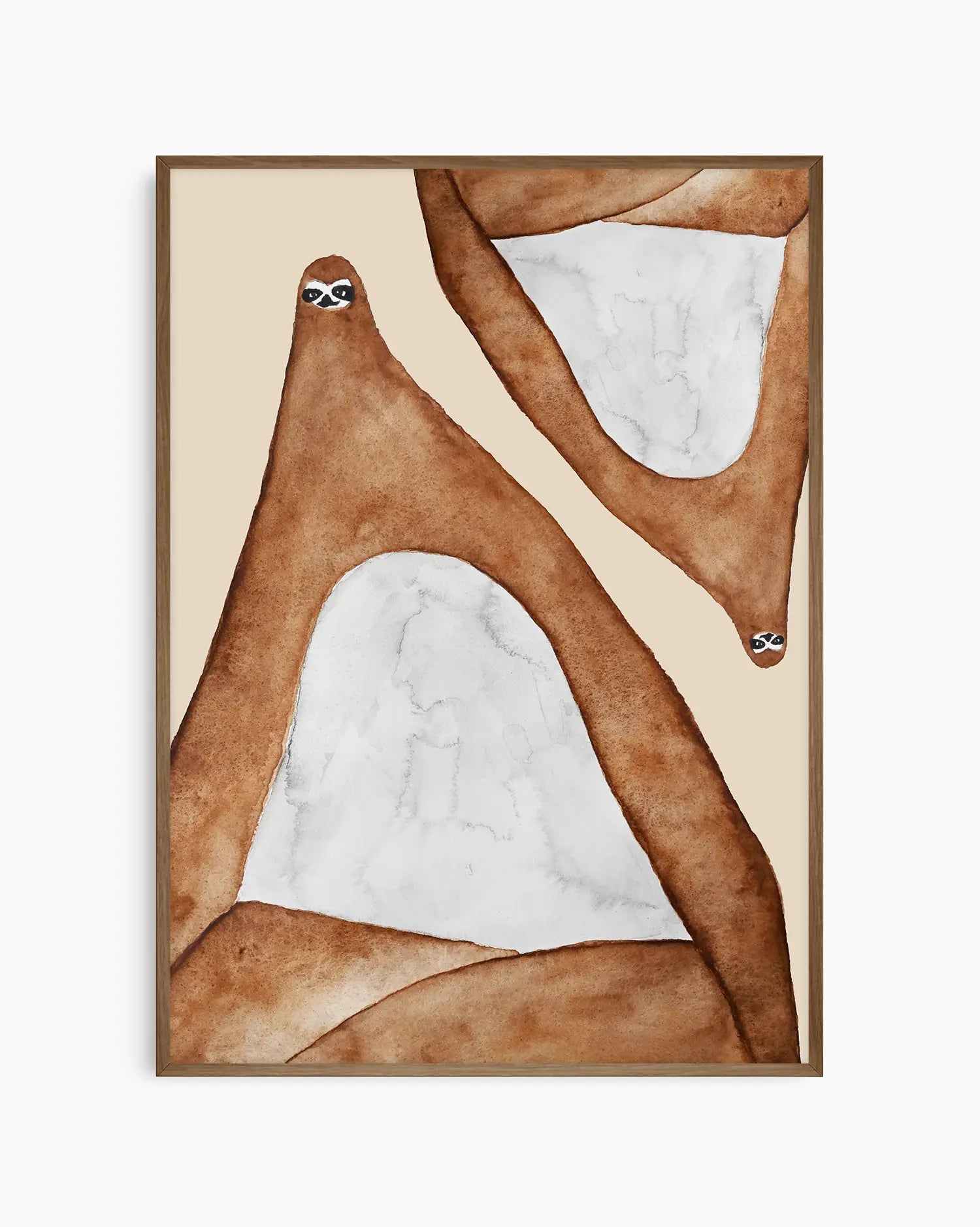 Nursery poster of two lazy sloths in brown on a beige background in a dark oak frame.