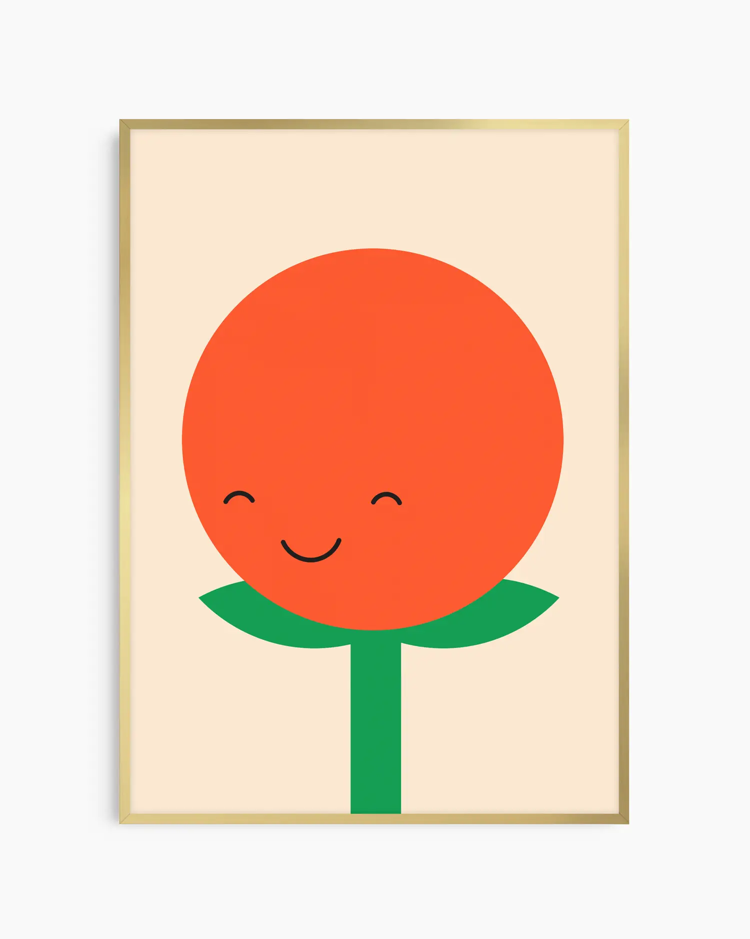 Nursery poster of a smiling tomato with a green stem on a beige background framed in a golden aluminium frame