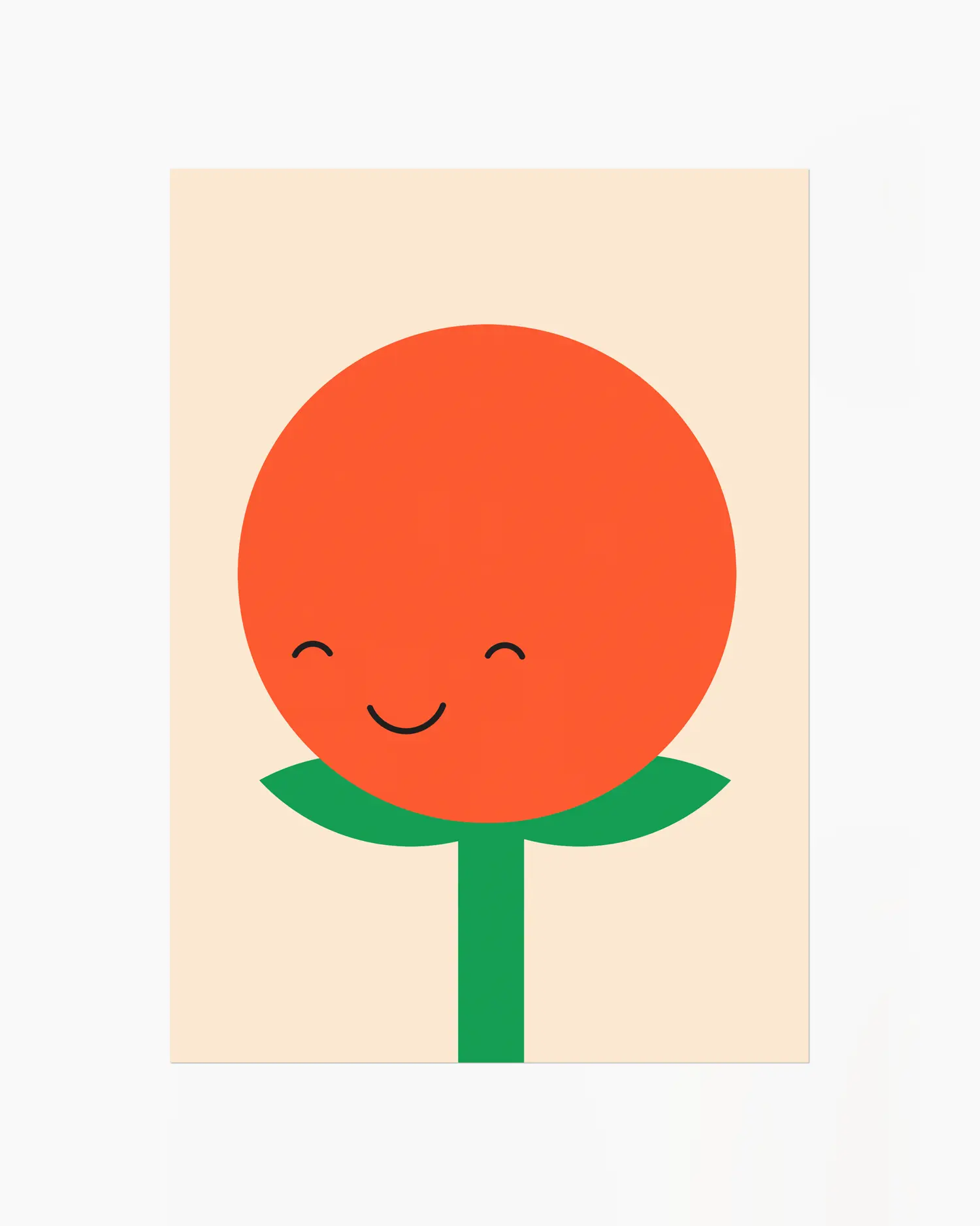 Nursery poster of a smiling tomato with a green stem on a beige background