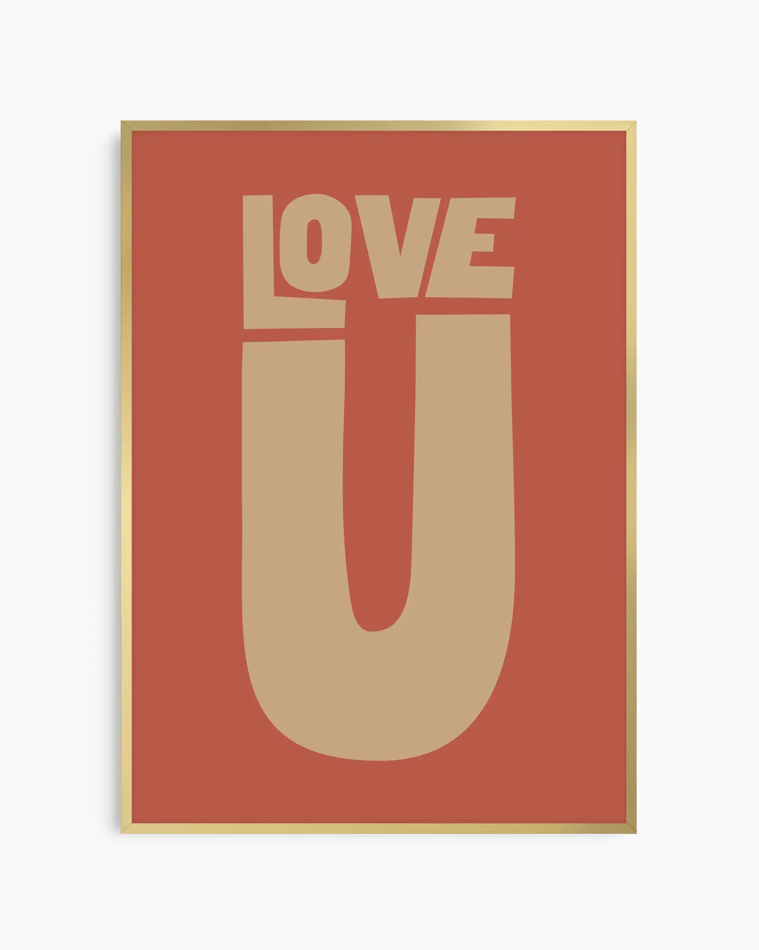 Red nursery poster with 'LOVE U' text framed in a gold frame.