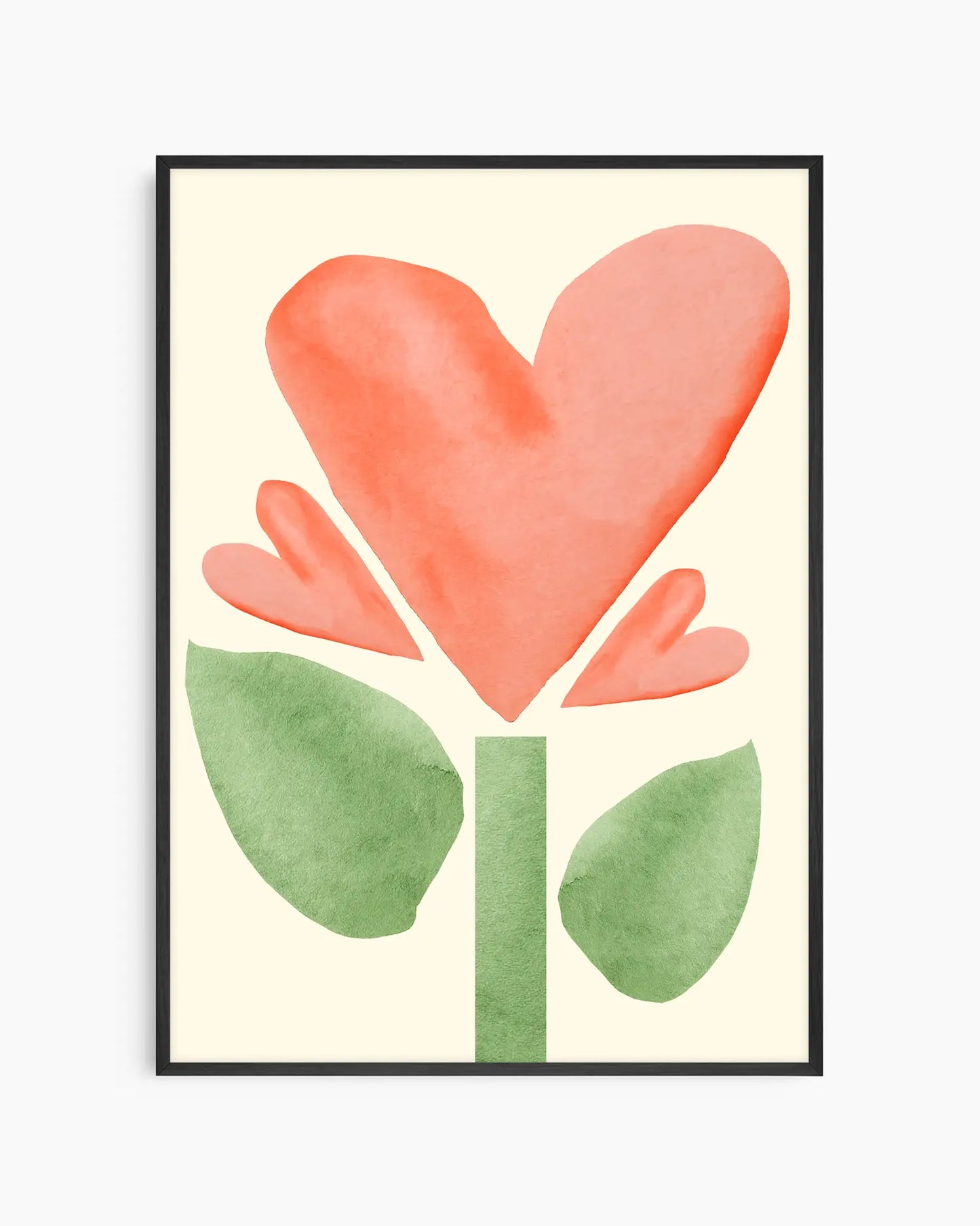 Framed artwork of a heart-shaped flower with green leaves on a beige background