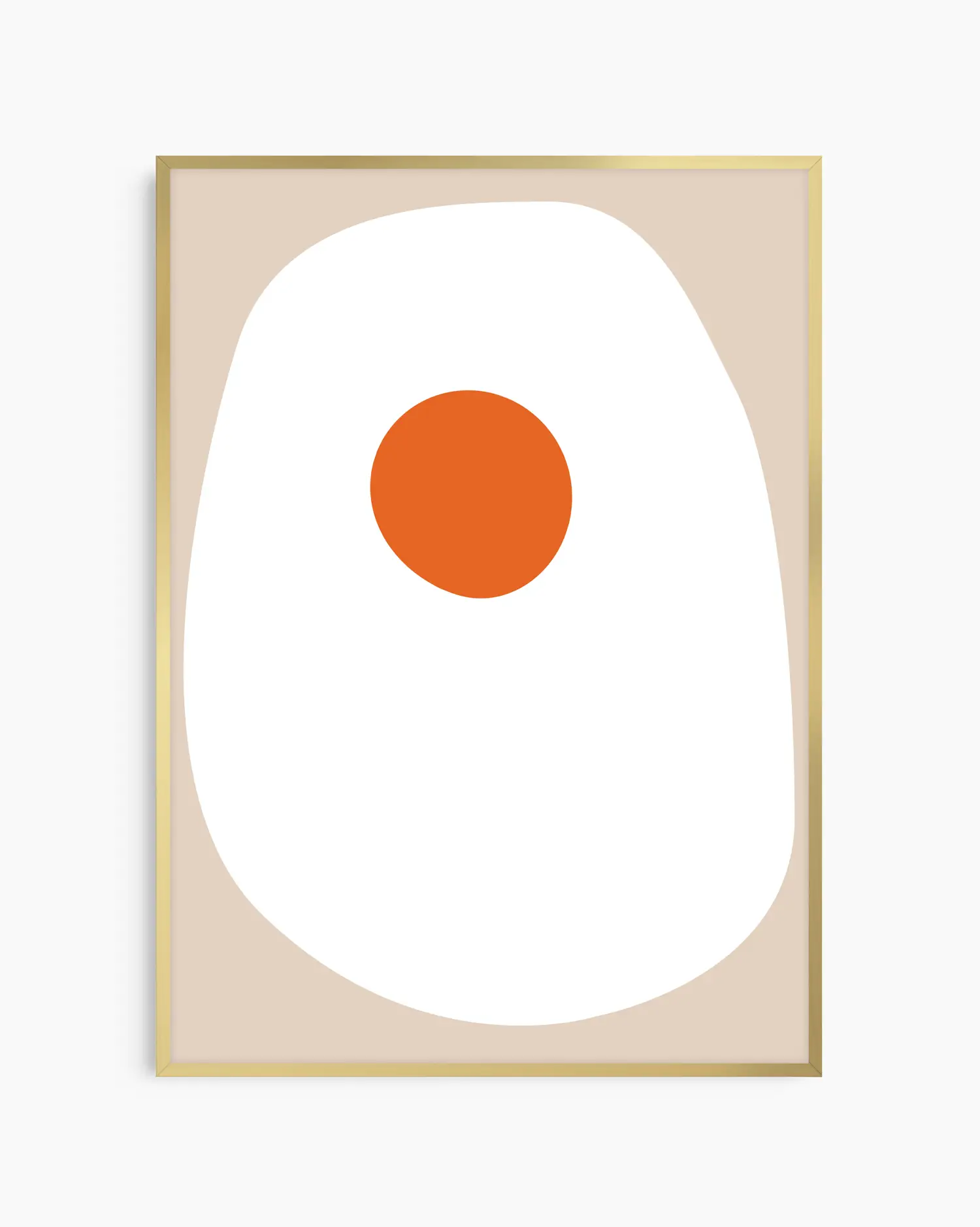 Nursery poster of a sunny side up fried egg on a beige background framed in a gold aluminium frame.