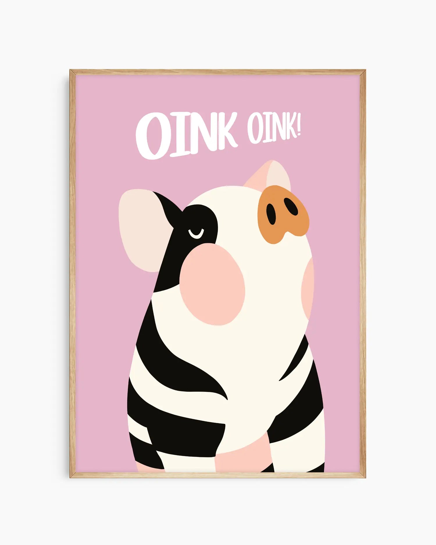 Nursery poster with a cute piglet and the text 'Oink oink!' on a pink background, framed in an oak frame.