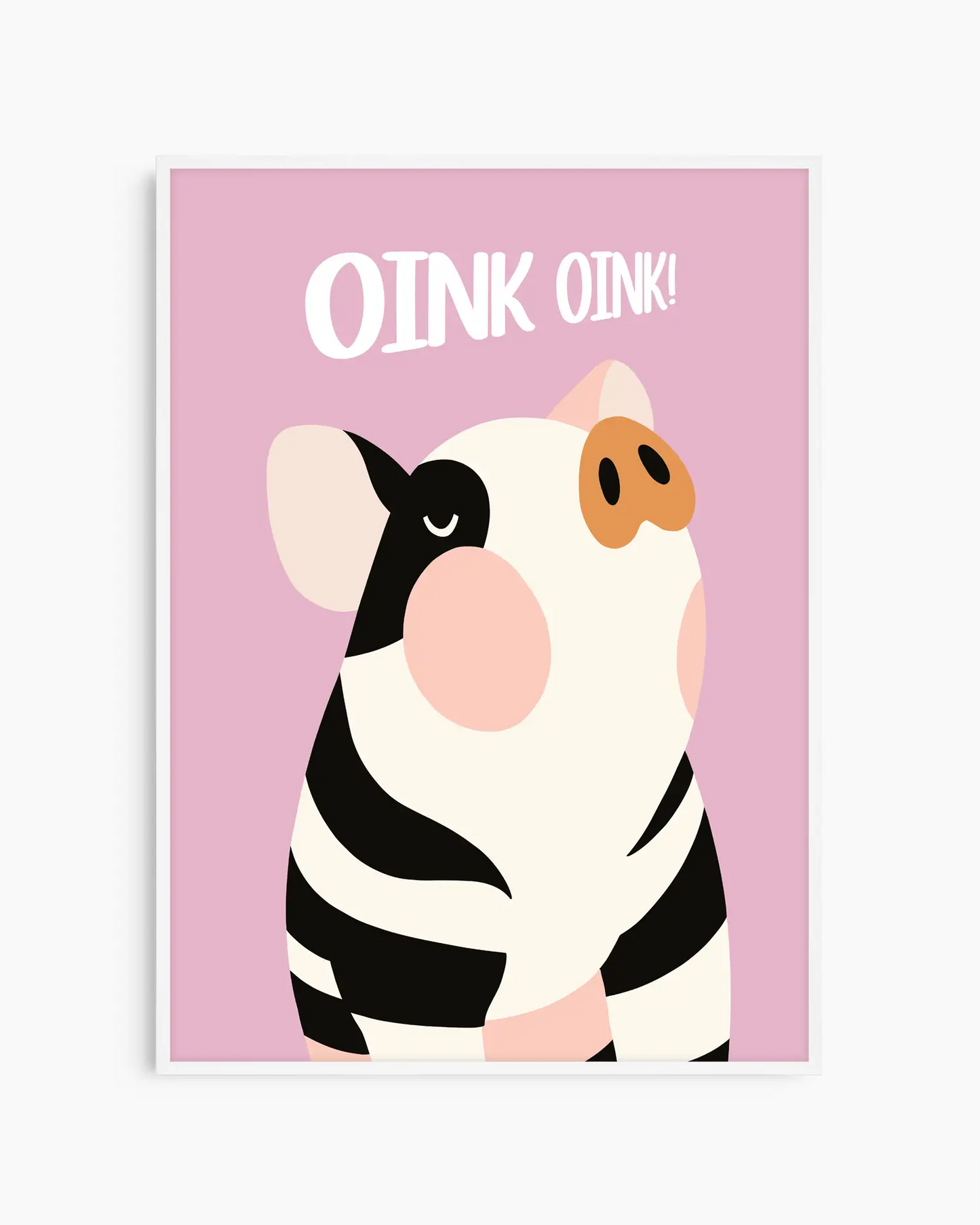 Nursery poster with a cute piglet and the text 'Oink oink!' on a pink background, framed in a white frame.