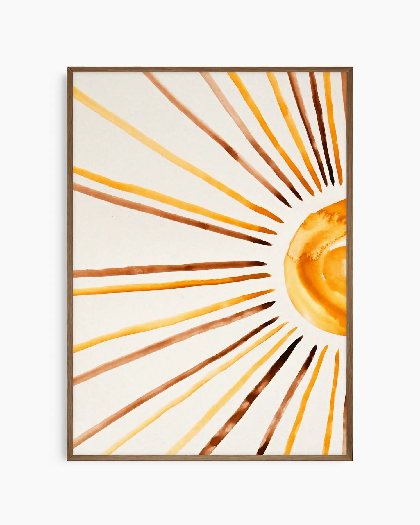 Nursery poster of sunrays in yellow, orange and brown on a white background with dark oak frame
