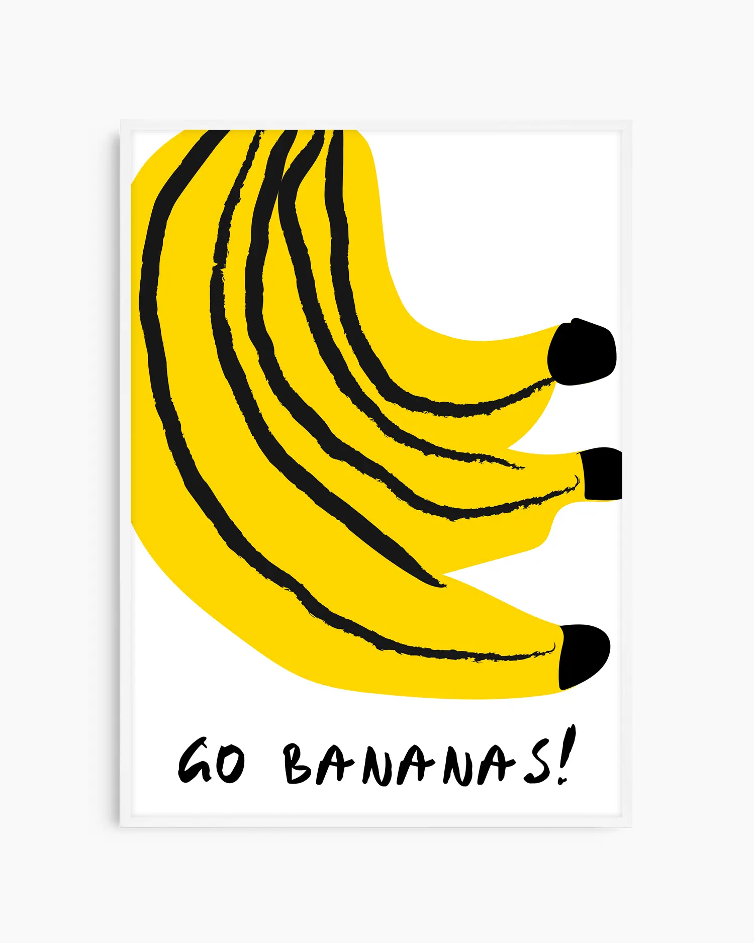 Nursery poster of bananas with the text 'GO BANANAS!' on a white background framed in white frame