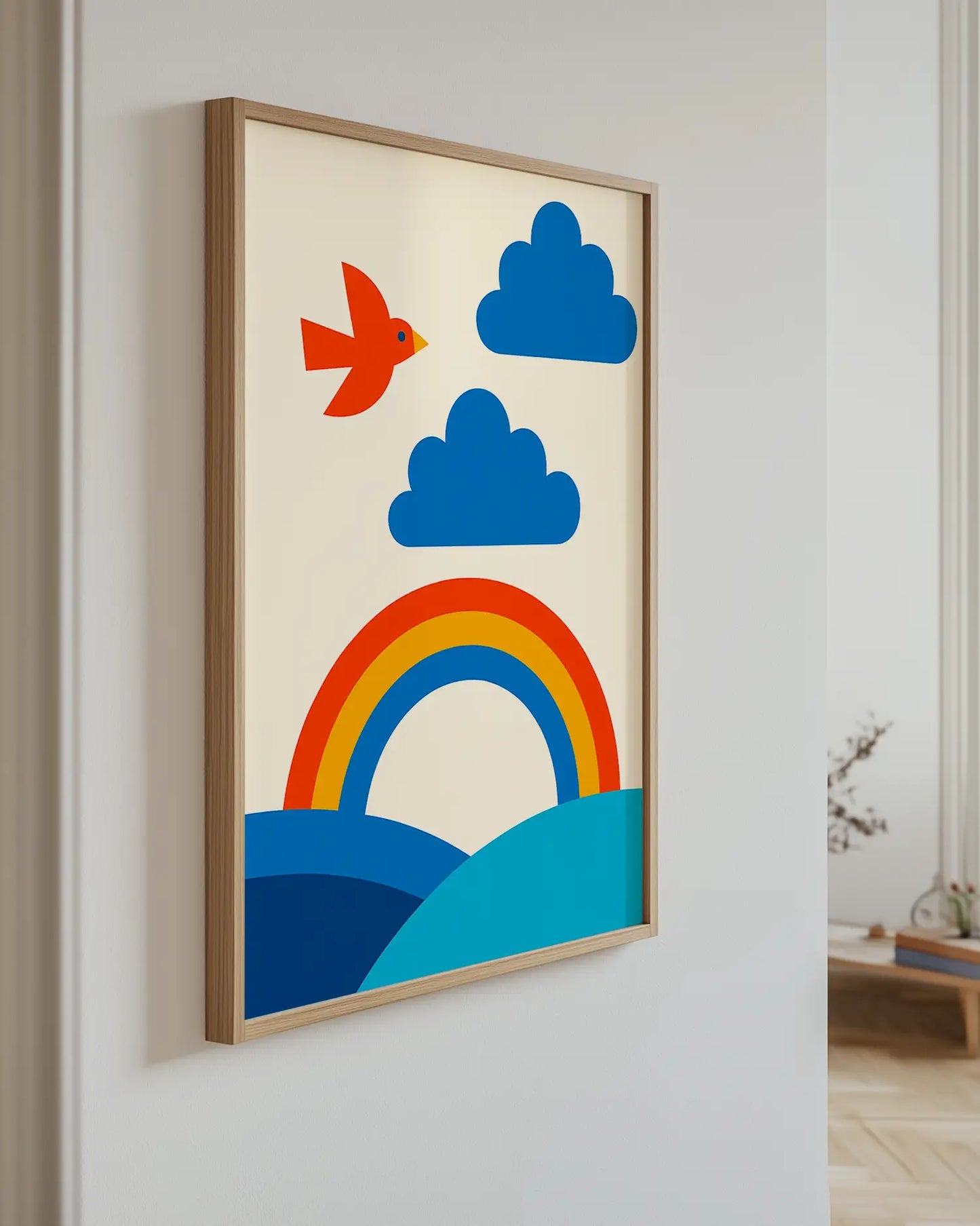 Artwork with a colorful rainbow, clouds, and bird on a white wall.