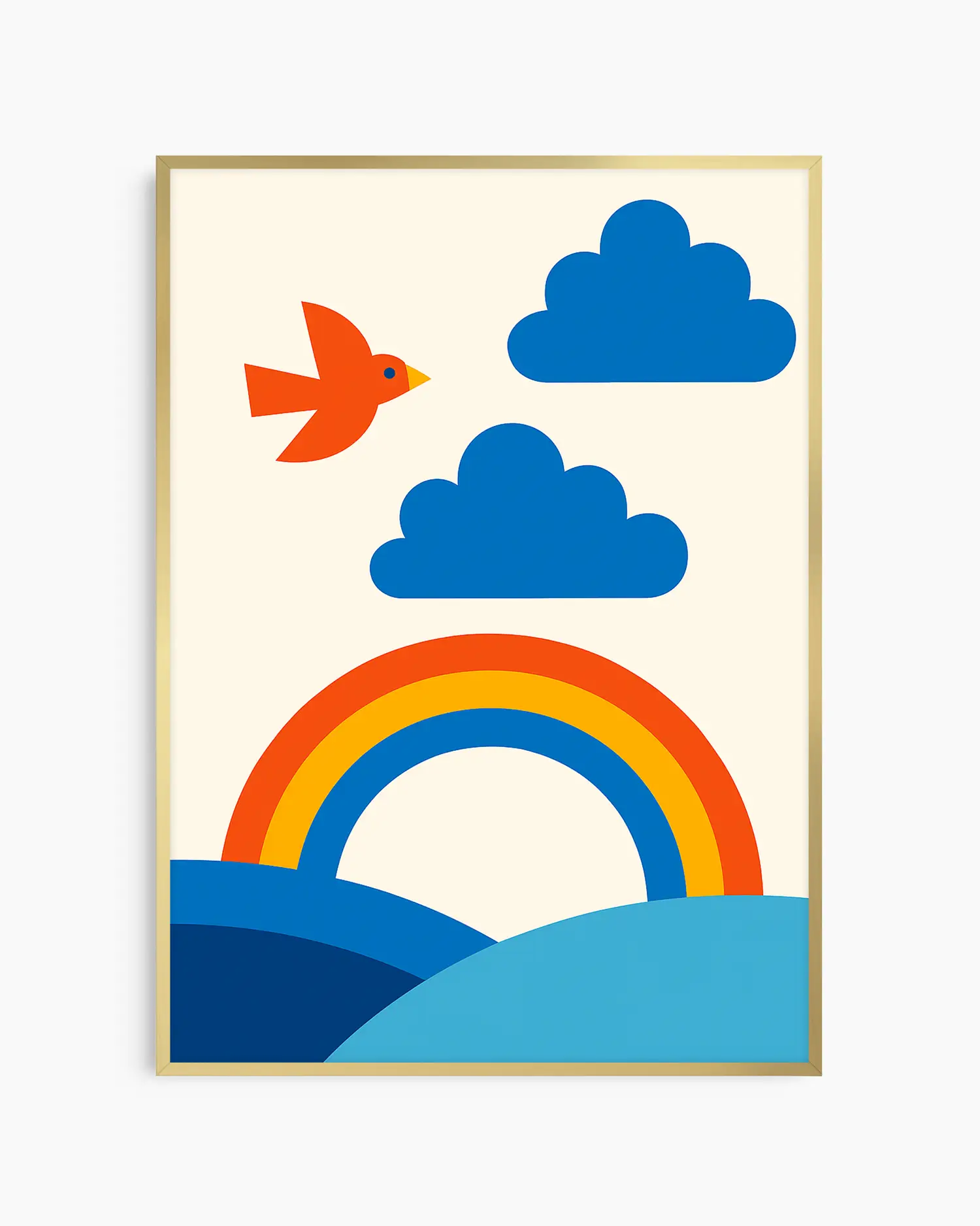 A fun and colorful nursery poster of a rainbow, clouds, and a bird on a beige background, framed in a gold frame.