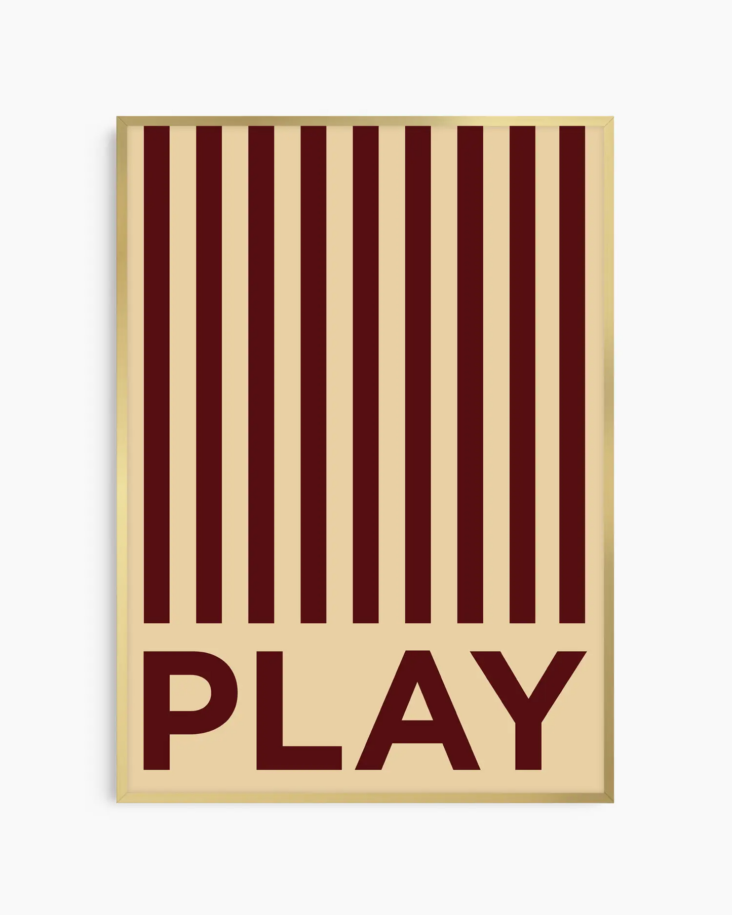 Beige nursery poster with brown stripes and the word 'PLAY' written on it framed in a gold frame