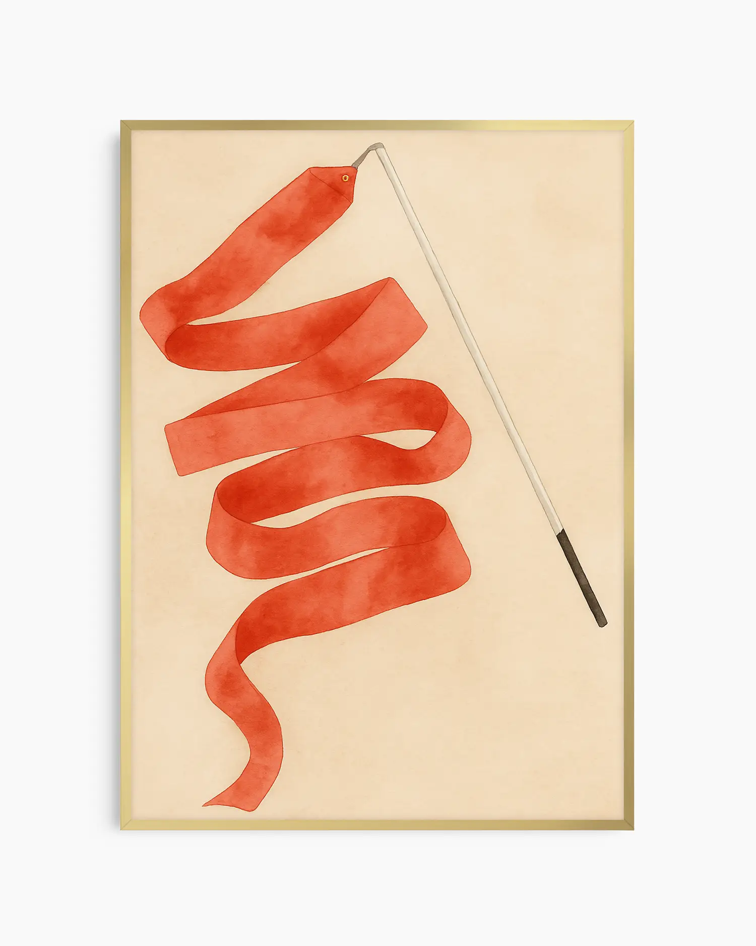Framed artwork with a red ribbon on a stick against a beige background.