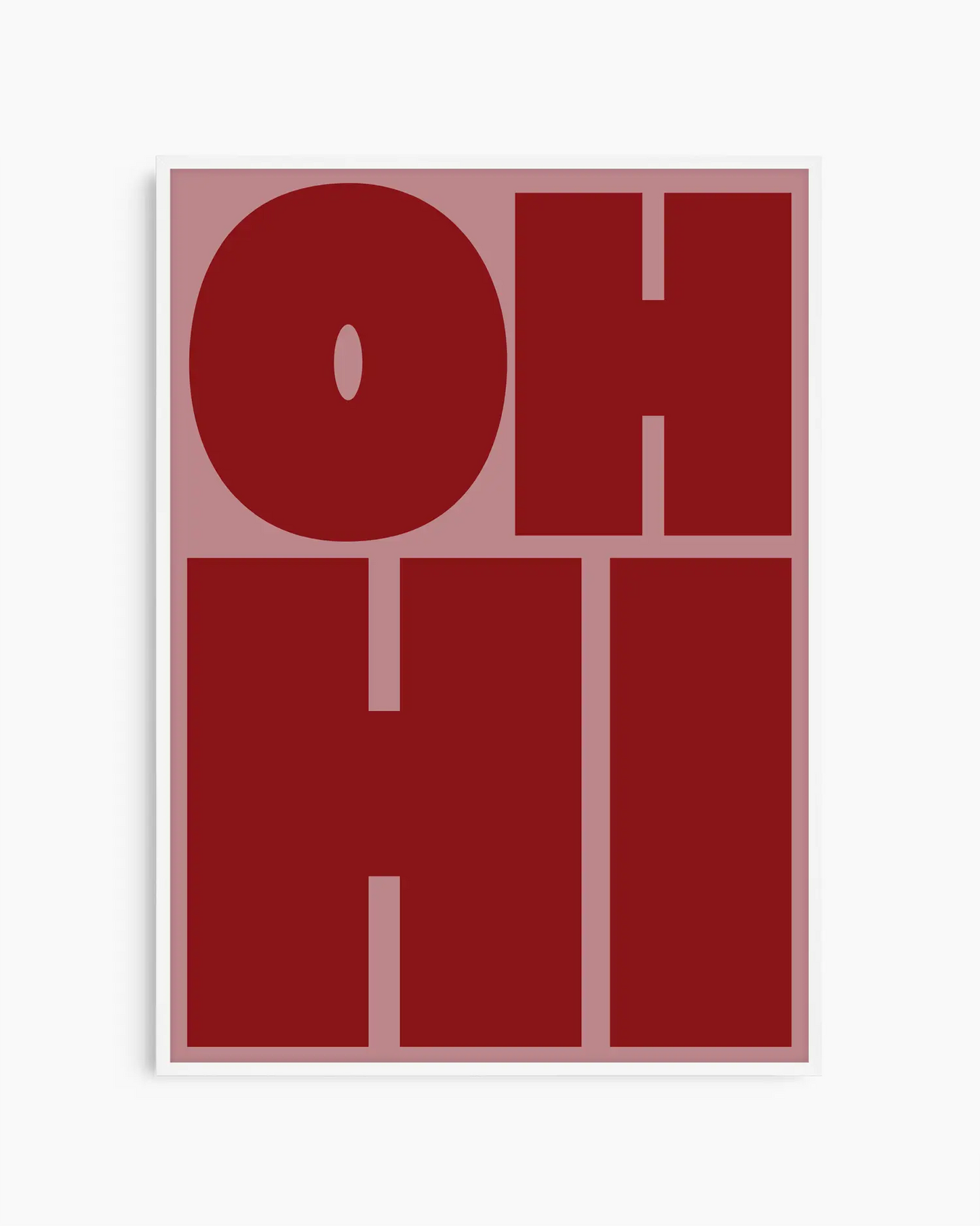 Nursery poster with red 'OH HI' text on a pink background. White frame.