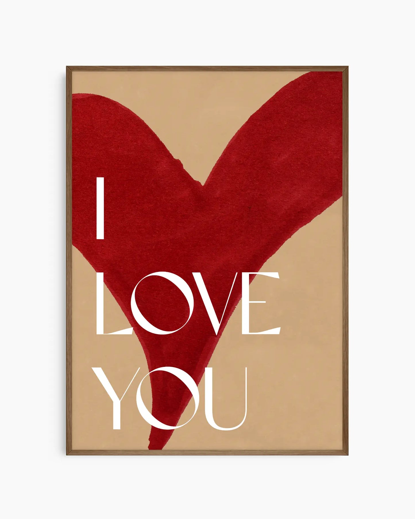 Nursery poster with red heart shape with 'I LOVE YOU' text on a beige background. Dark oak frame.