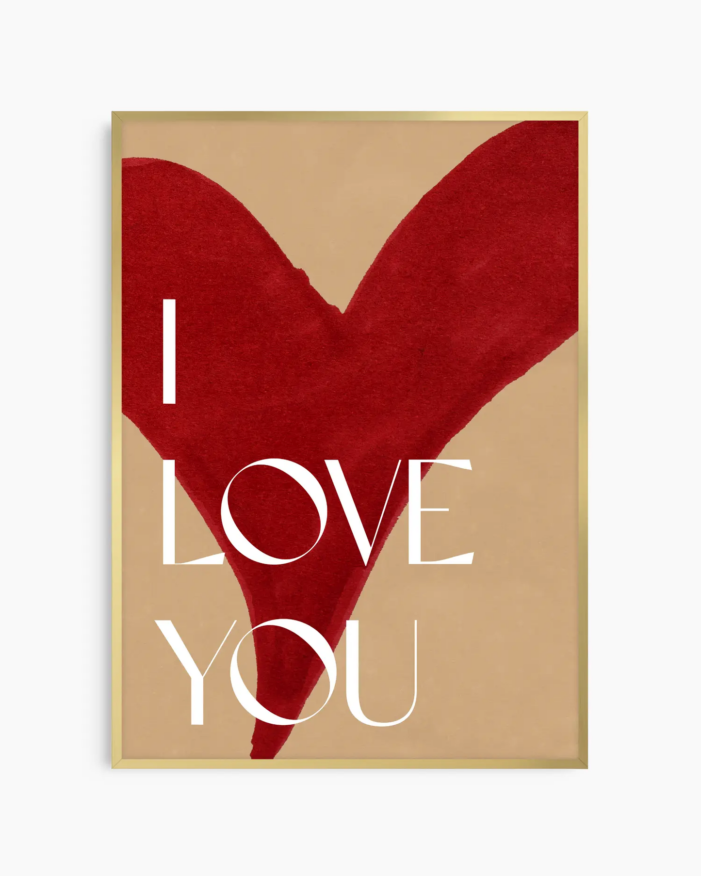 Nursery poster with red heart shape with 'I LOVE YOU' text on a beige background. Gold frame.