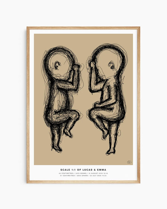 Minimalist scale 1:1 twin birth print for nursery decor