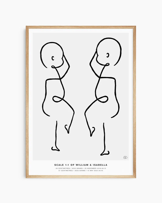 Custom twin birth drawing with babies’ real proportions