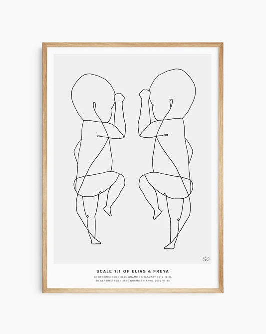 Birth print with exact twin baby size – scale 1:1 artwork