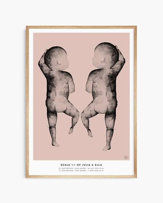 Custom newborn poster for twins – real birth size illustration