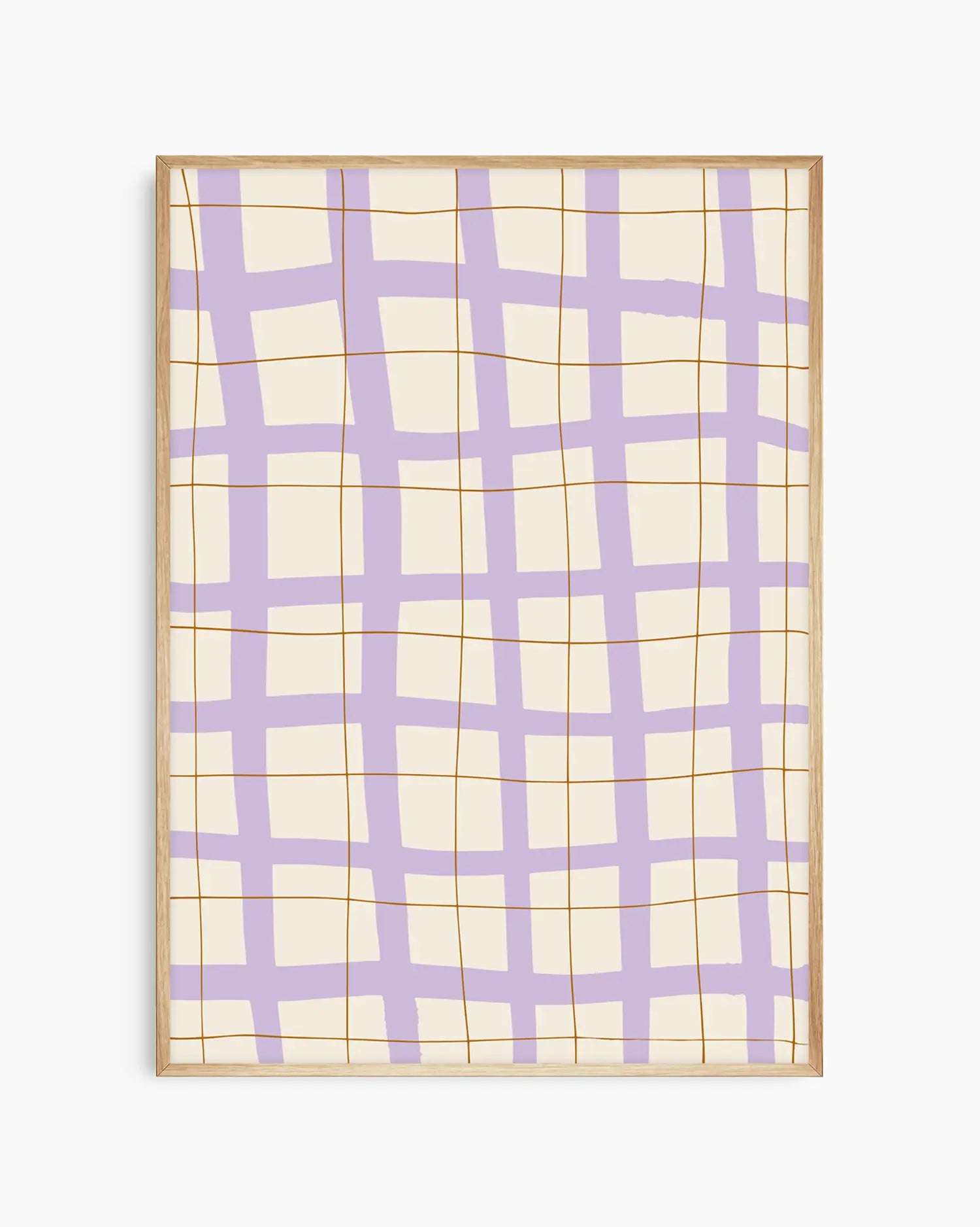 Warm, minimalist wall art in pastel red tones on a pastel red background, shown in a oak frame.